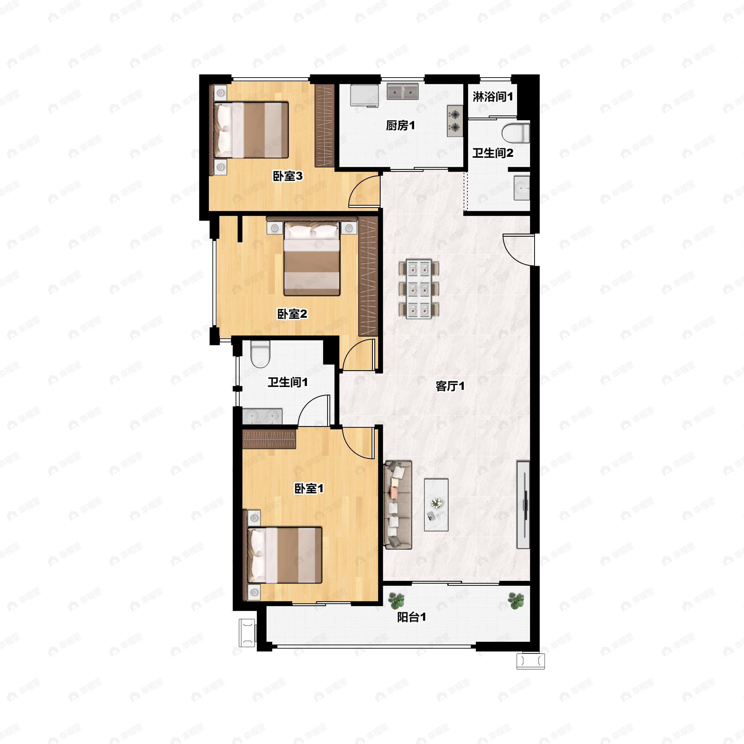 3室2厅2卫建面125平南户型图