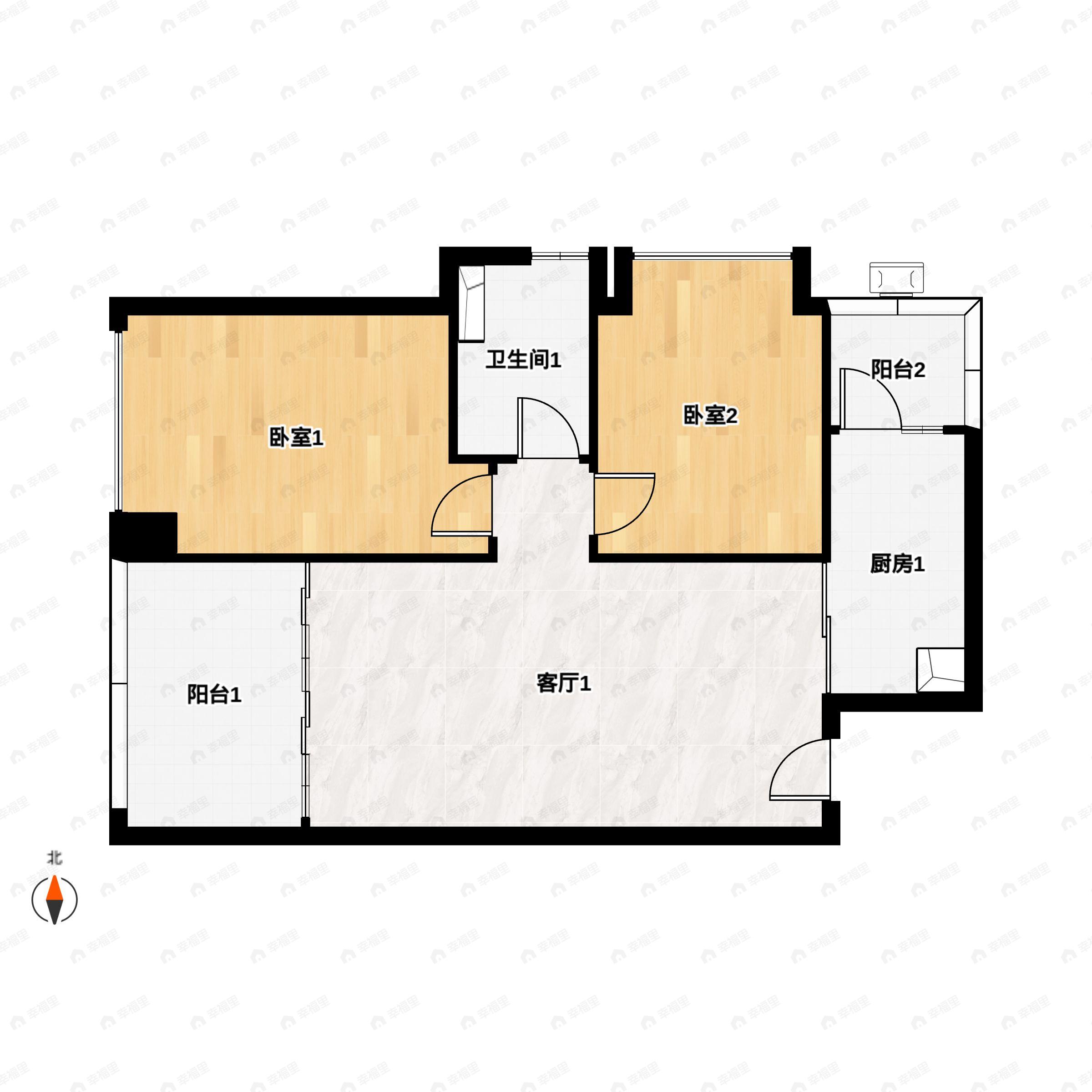 2室2厅1卫建面75m²北户型图