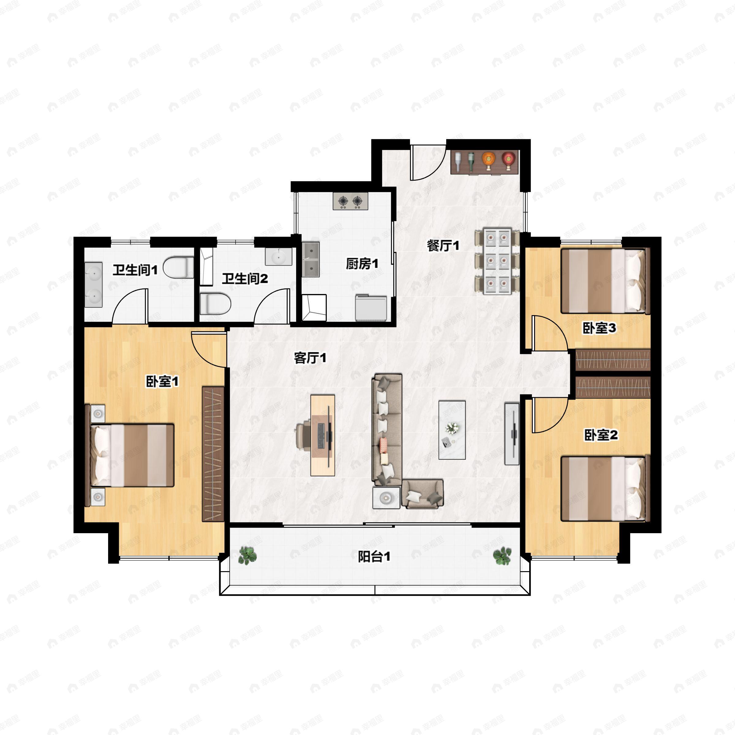 3室2厅2卫建面140m²南户型图