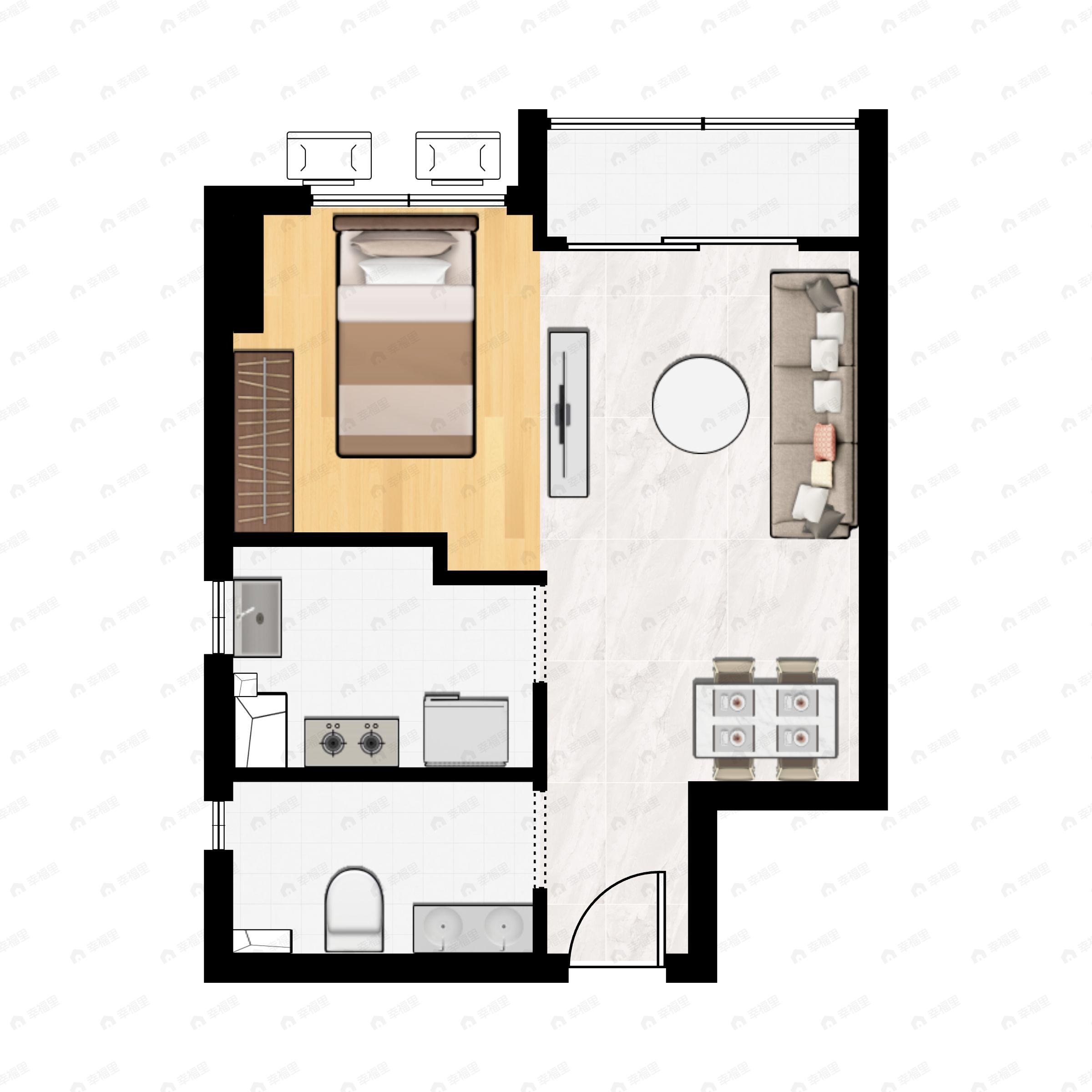 1室1厅1卫建面38m²南户型图