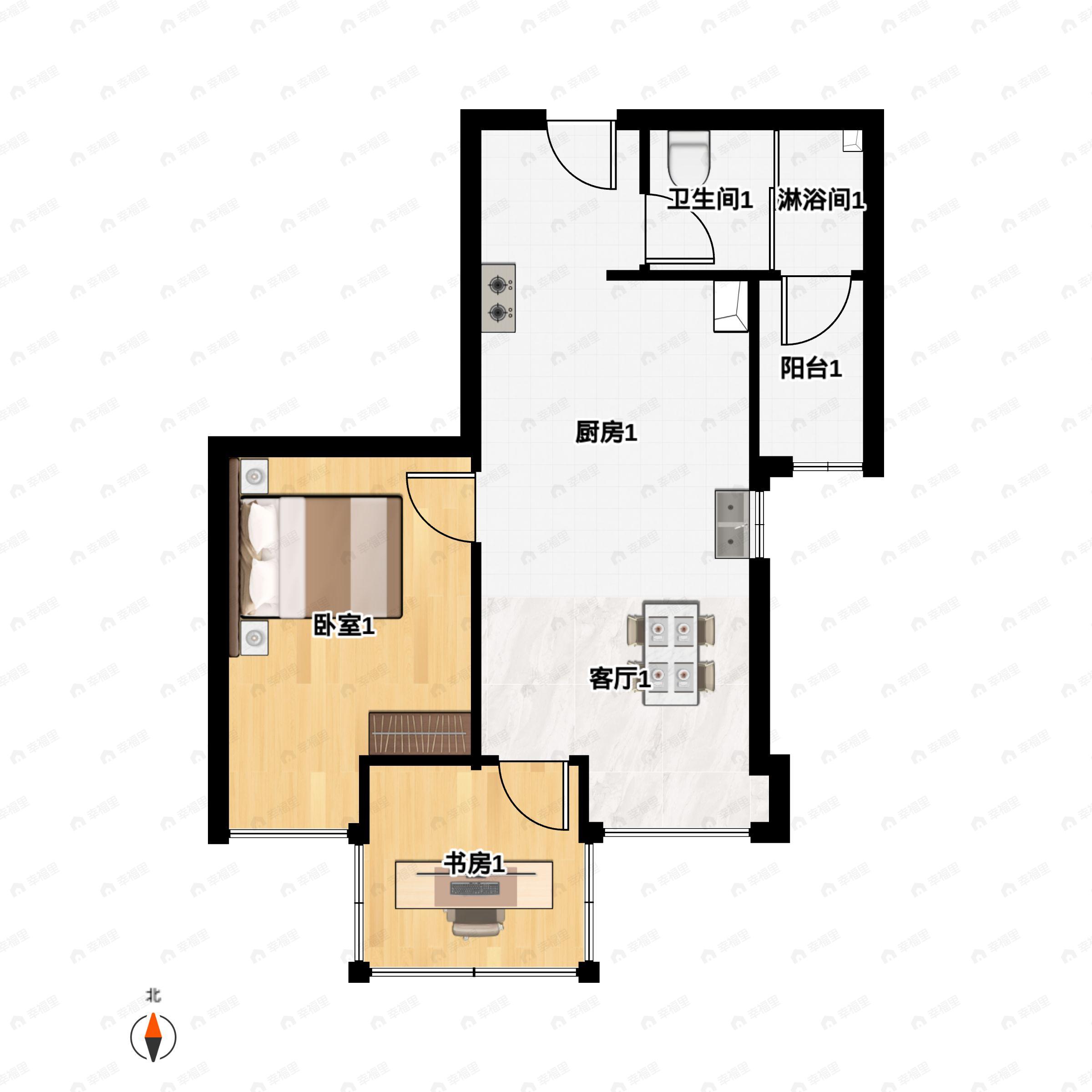 1室1厅1卫建面45m²东南户型图