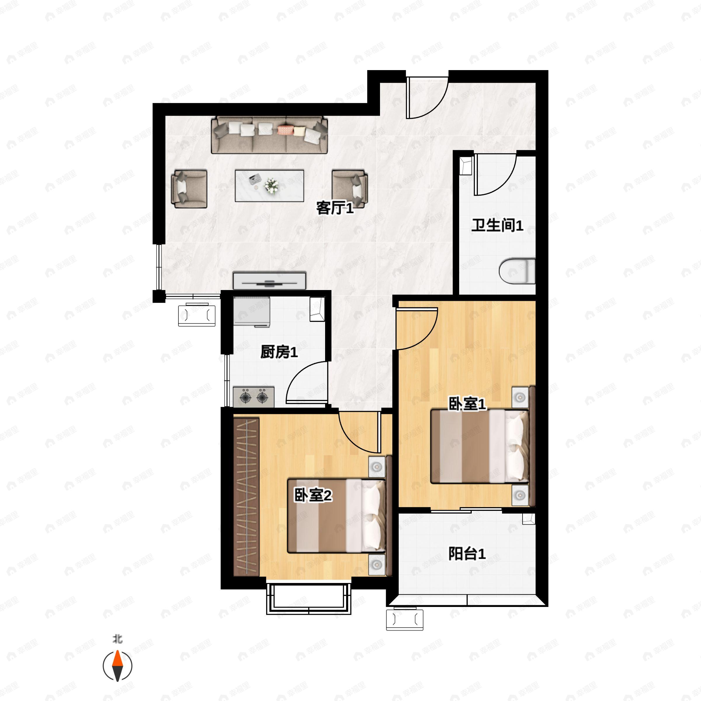 2室2厅1卫建面91m²南户型图