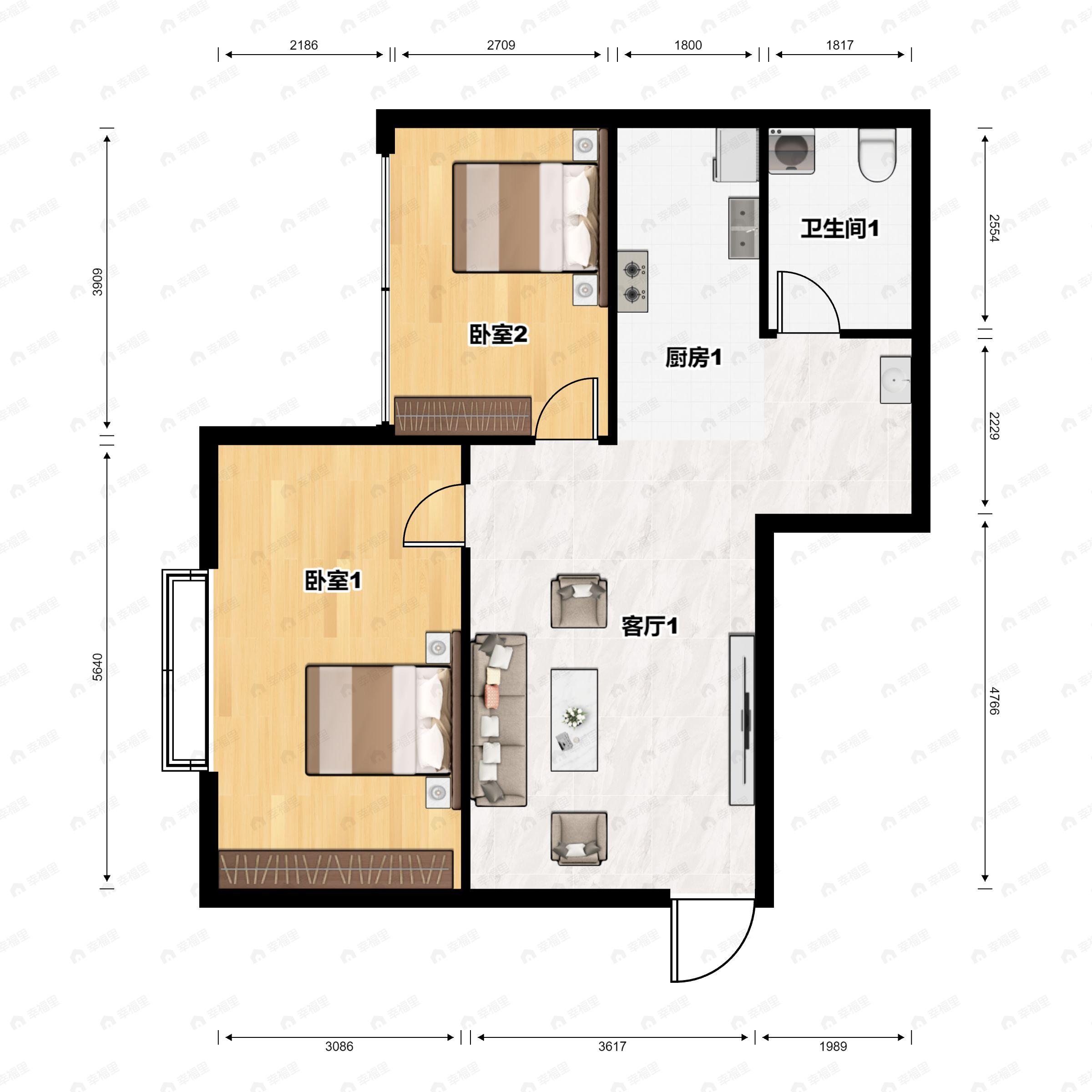 2室1厅1卫建面44平户型图