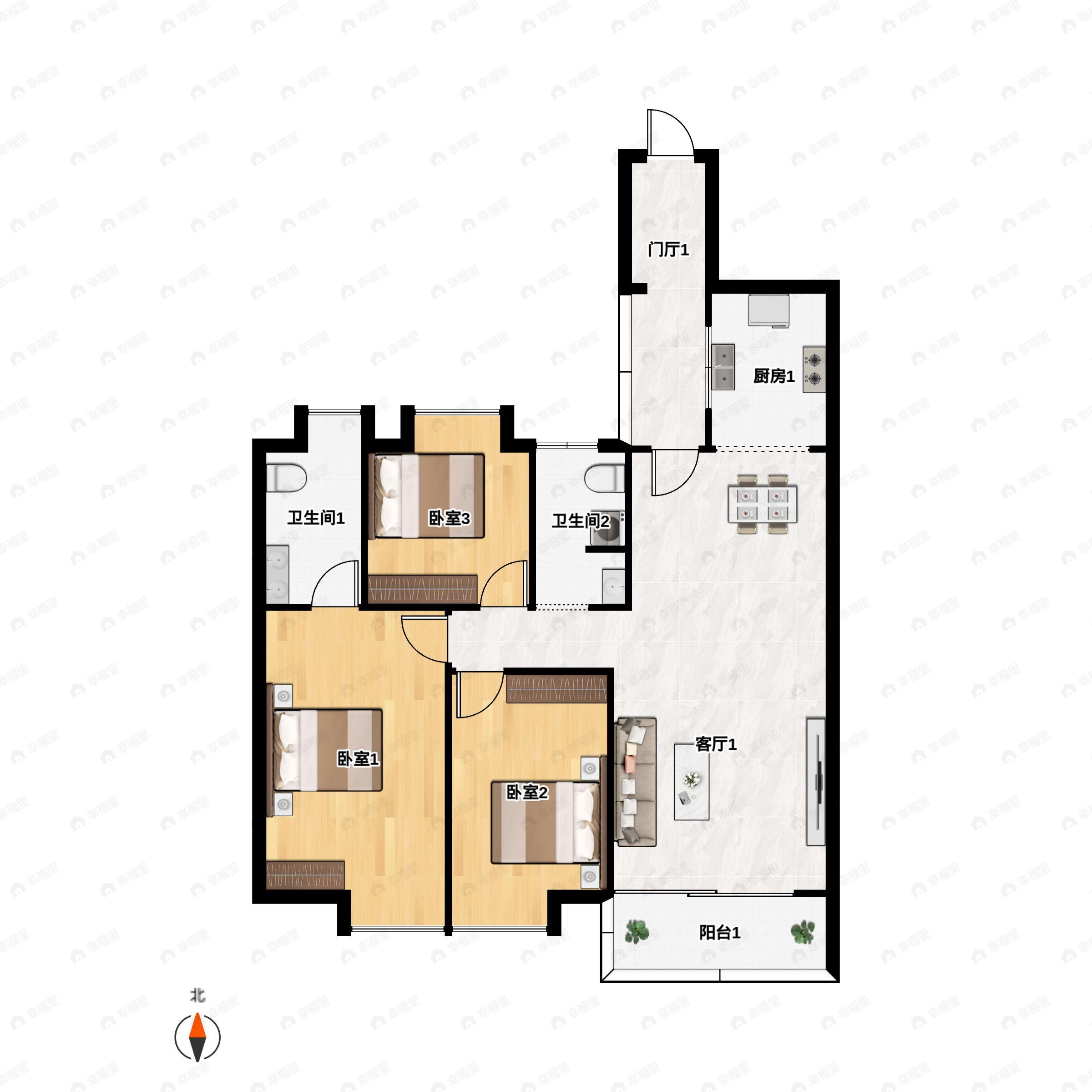 3室2厅2卫建面134平南户型图