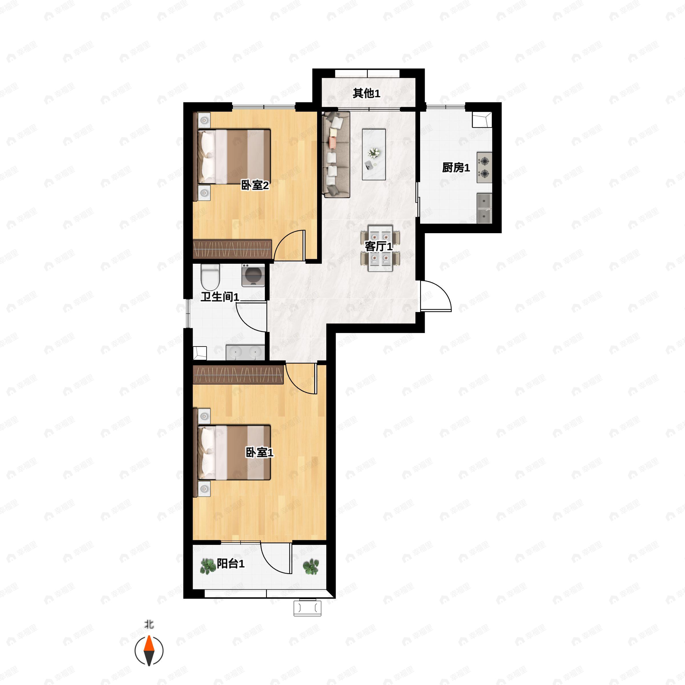 2室1厅1卫建面62平户型图
