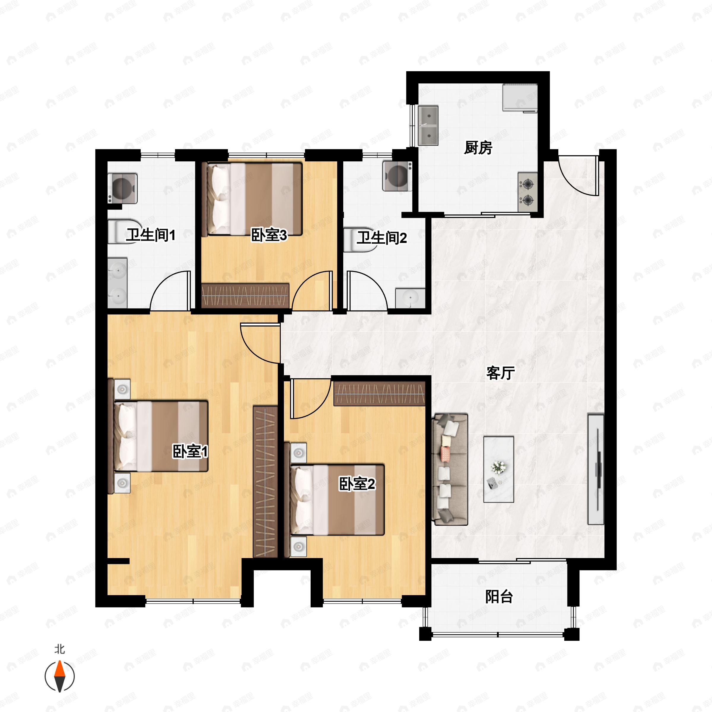 3室2厅2卫建面98平户型图