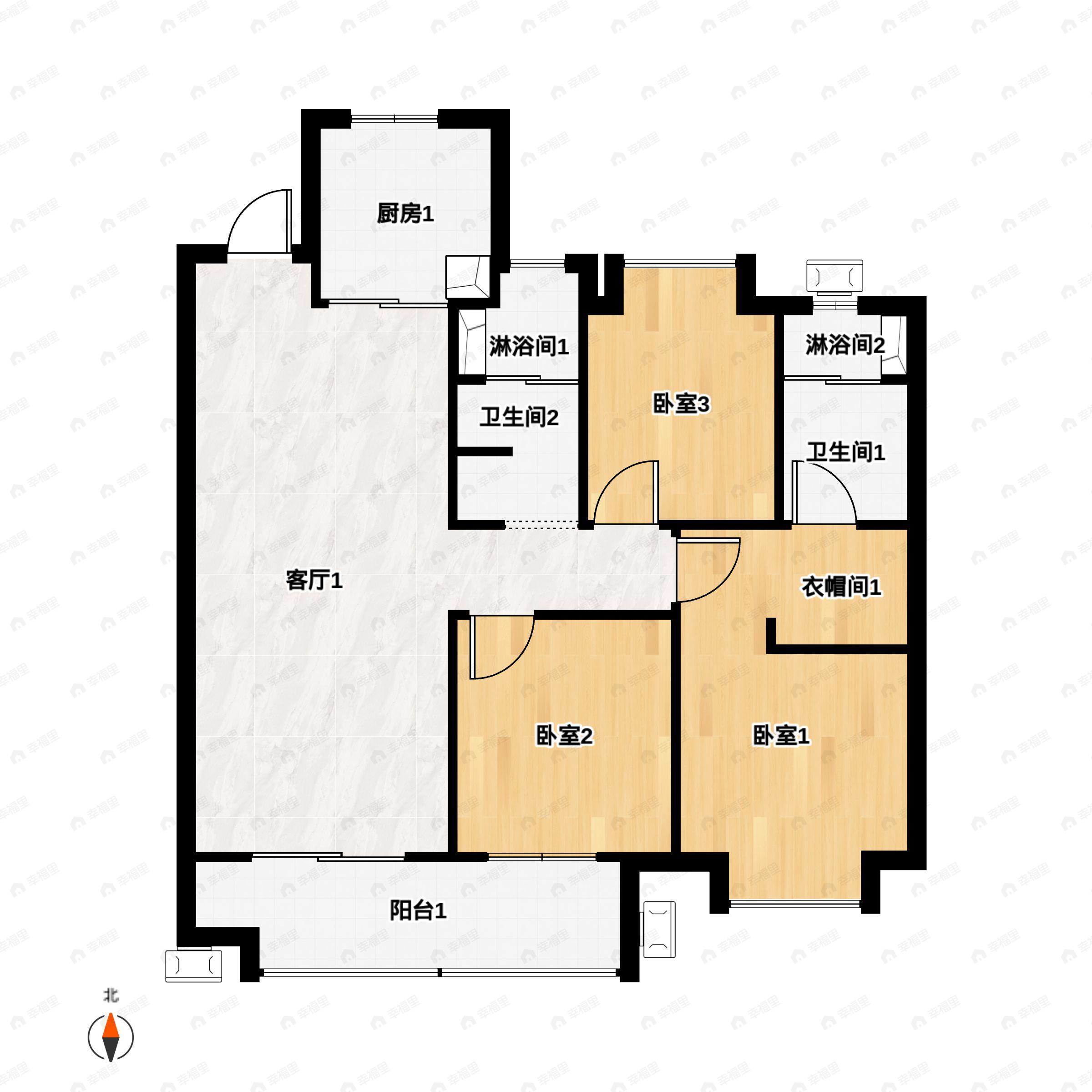 3室2厅2卫建面120平北|南户型图
