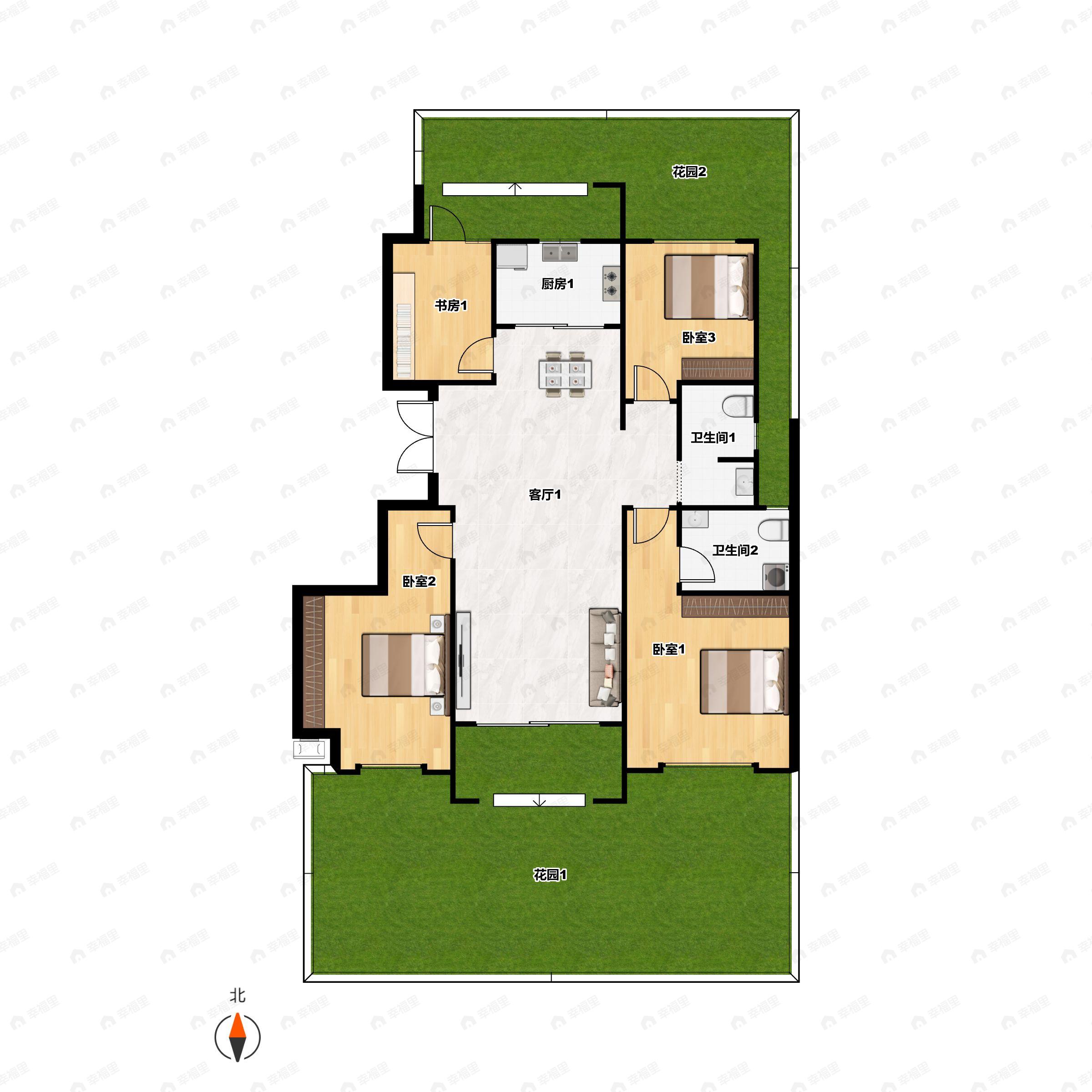 3室2厅2卫建面120平南户型图