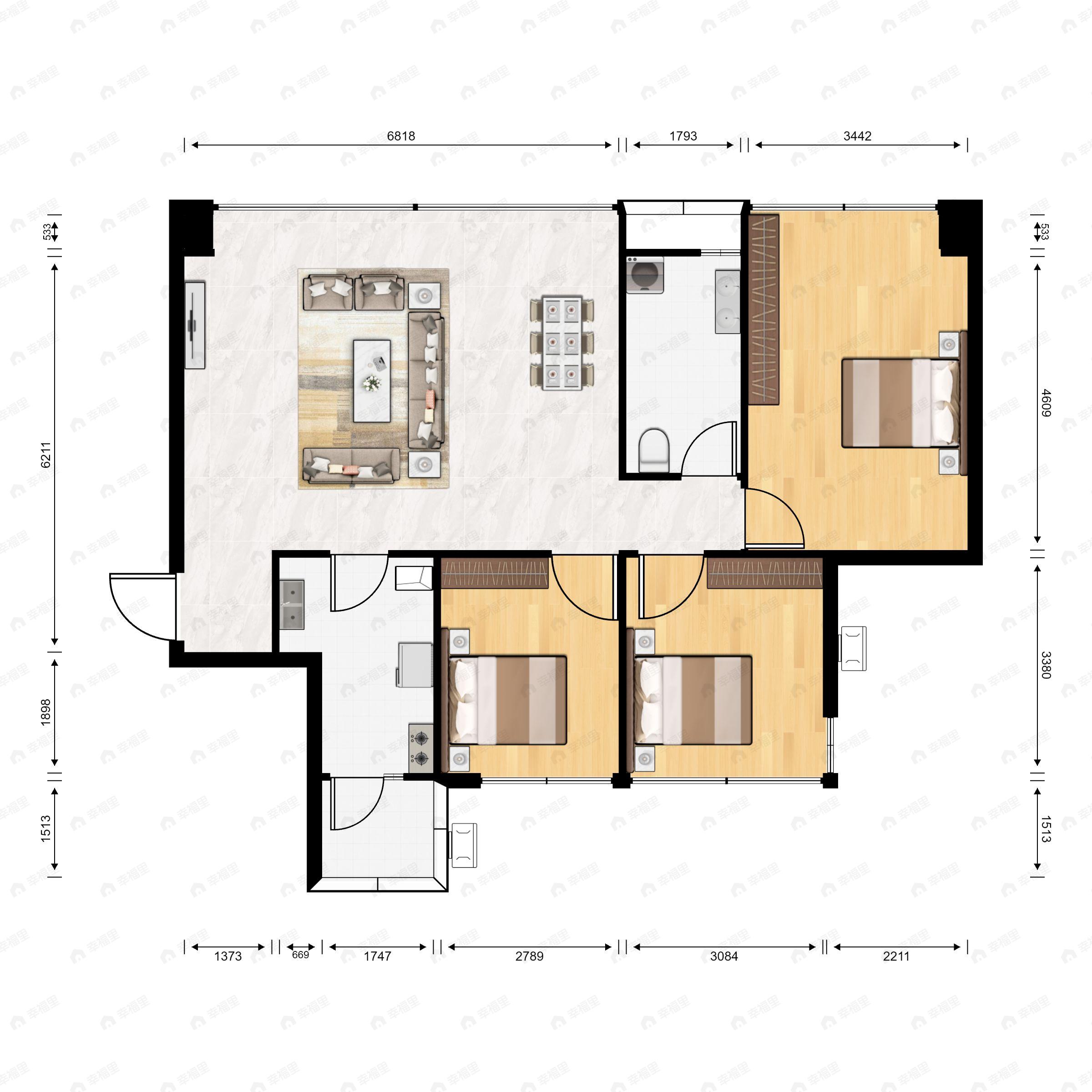 3室2厅1卫建面98平户型图