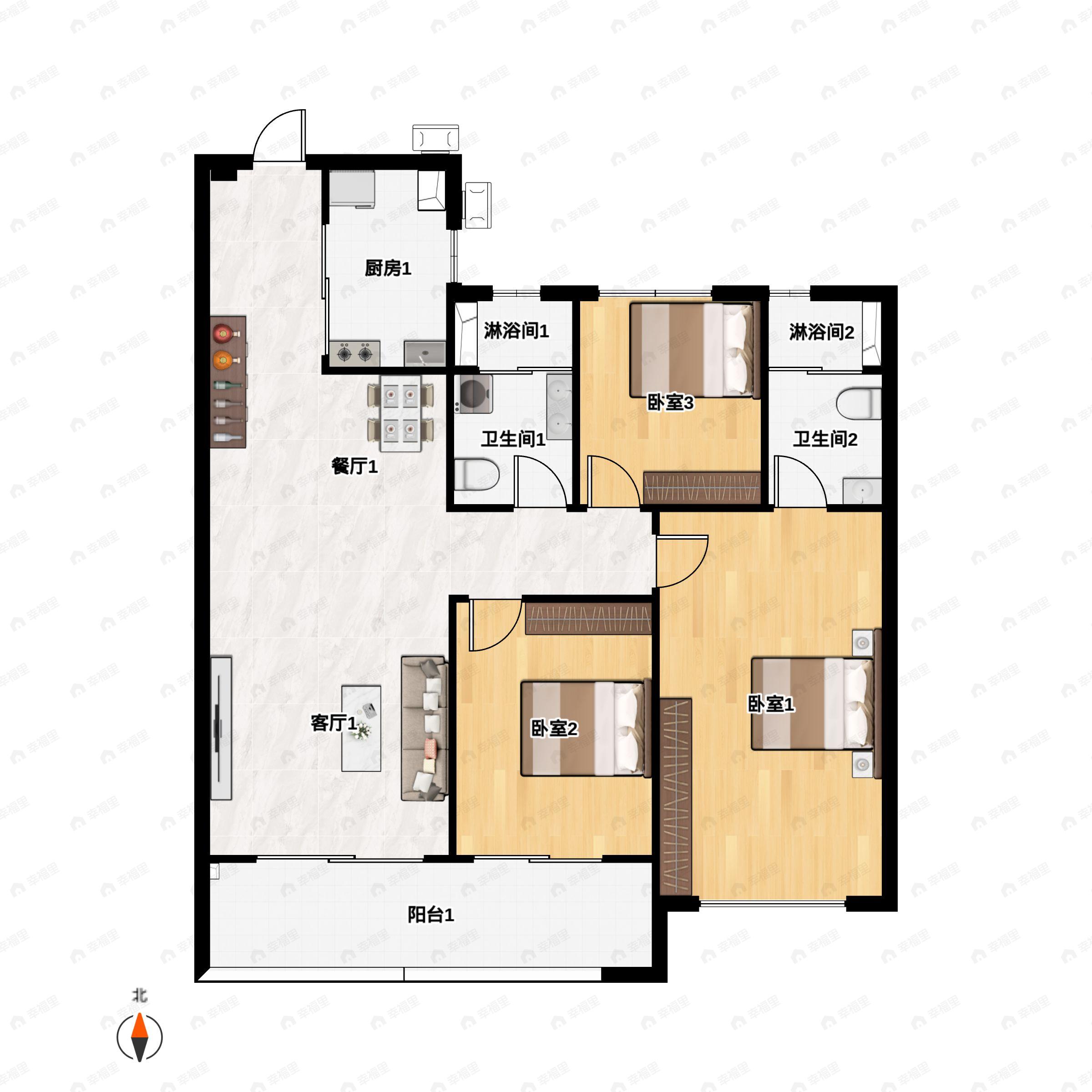 3室2厅2卫建面98m²南|北户型图
