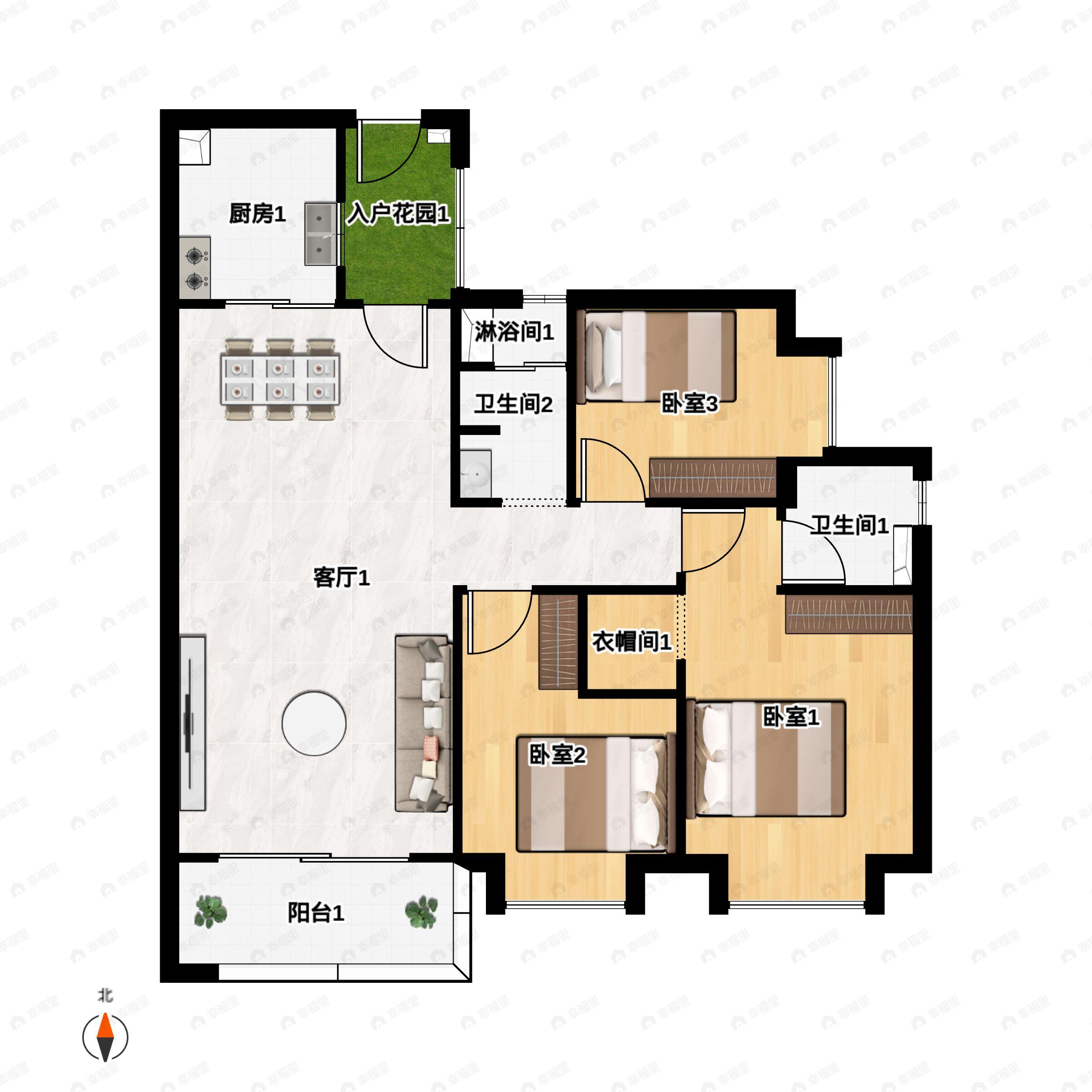 3室2厅2卫建面125平户型图
