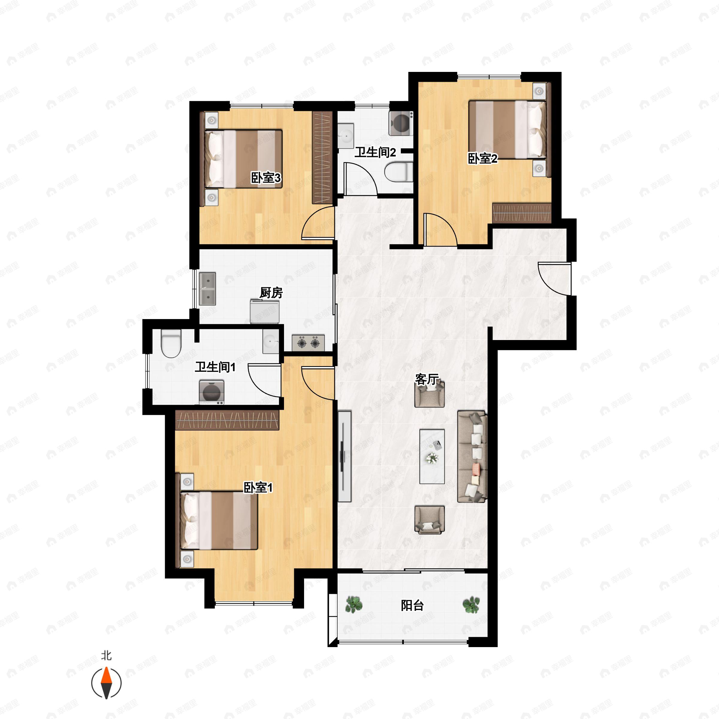 3室2厅2卫建面112m²北|南户型图