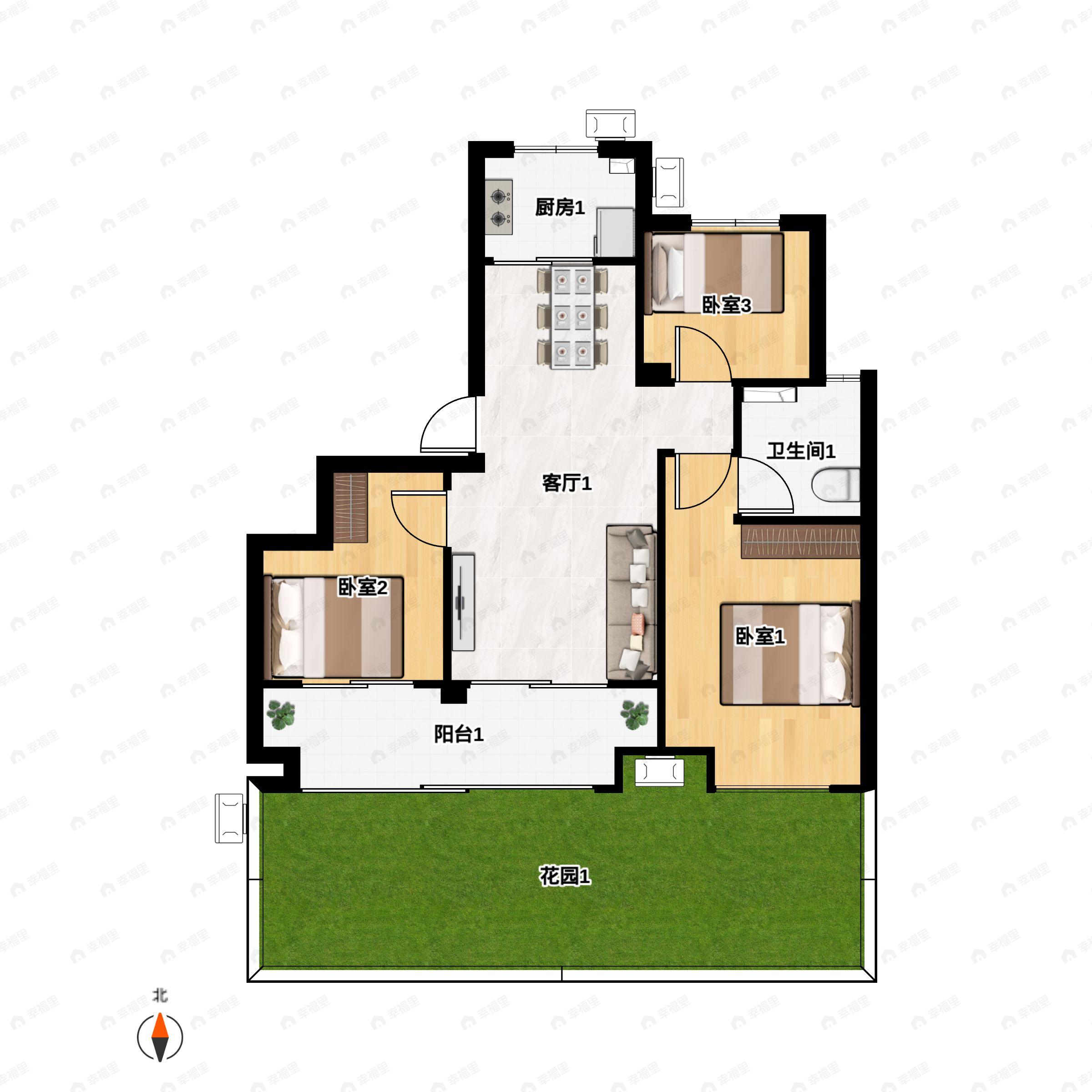 3室2厅1卫建面77m²南户型图