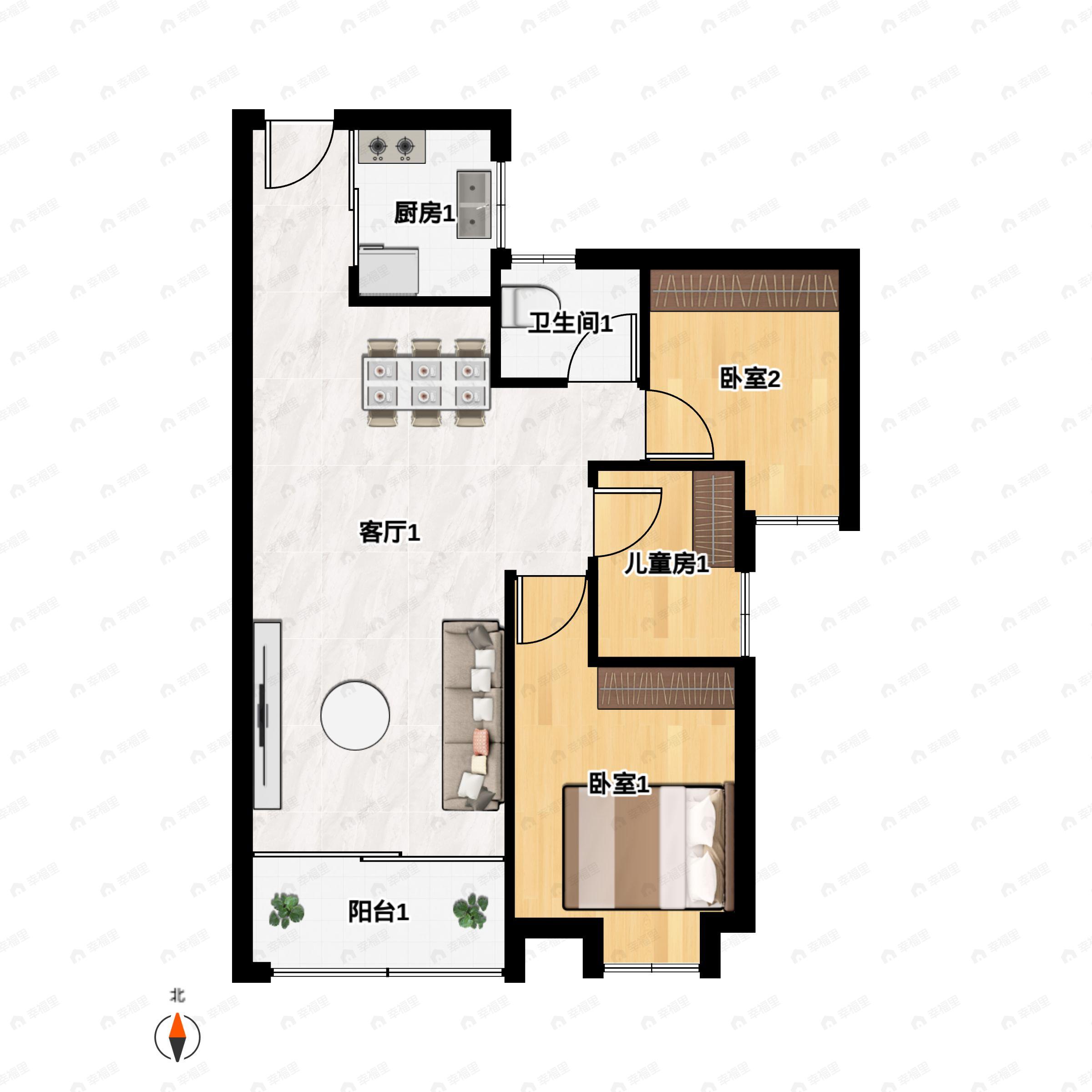 3室2厅1卫建面105平南户型图