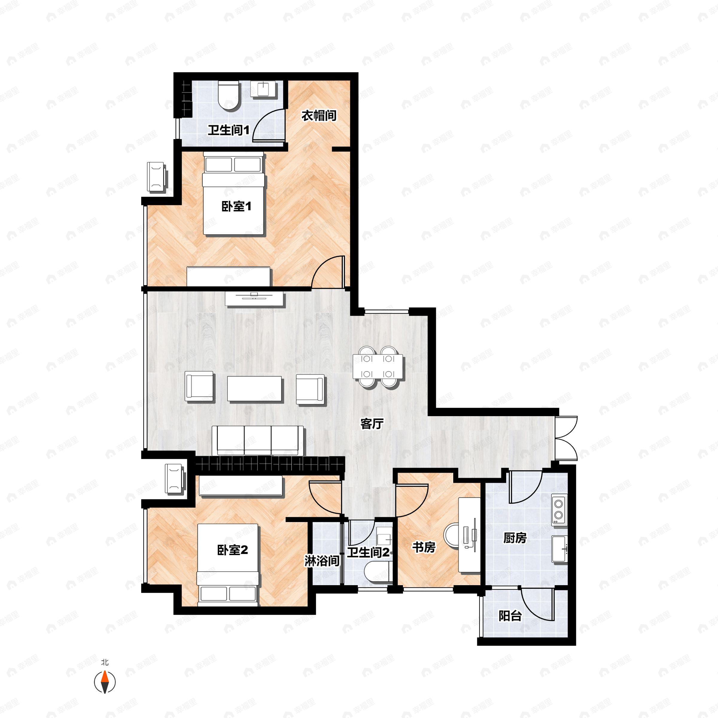 3室2厅2卫建面122平南户型图