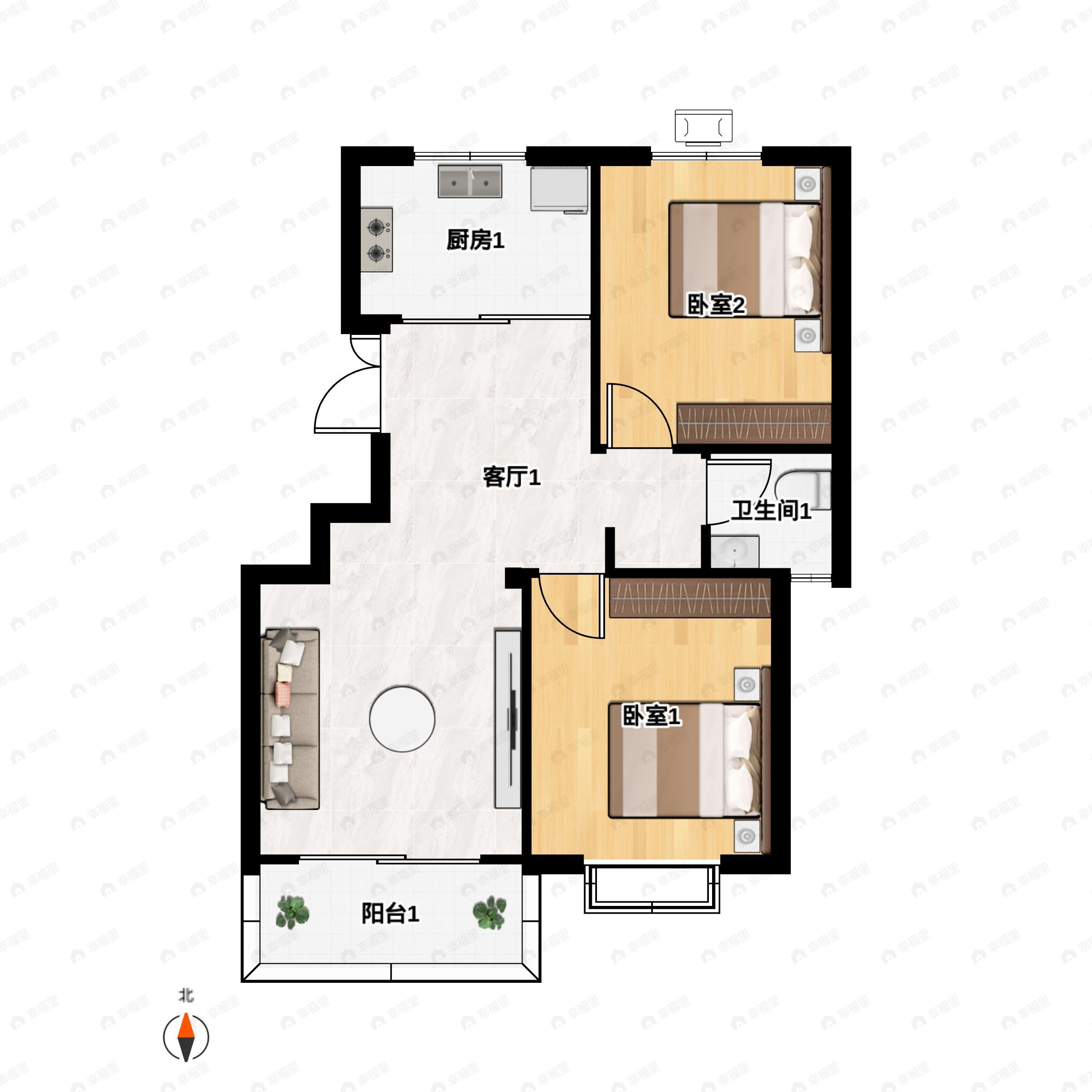 2室2厅1卫建面83m²南户型图