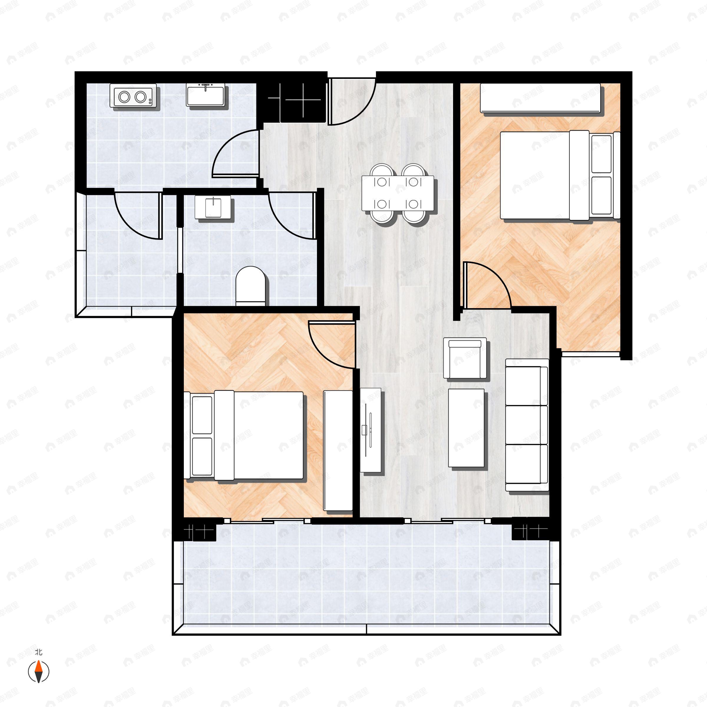 2室2厅1卫建面65平东|西户型图