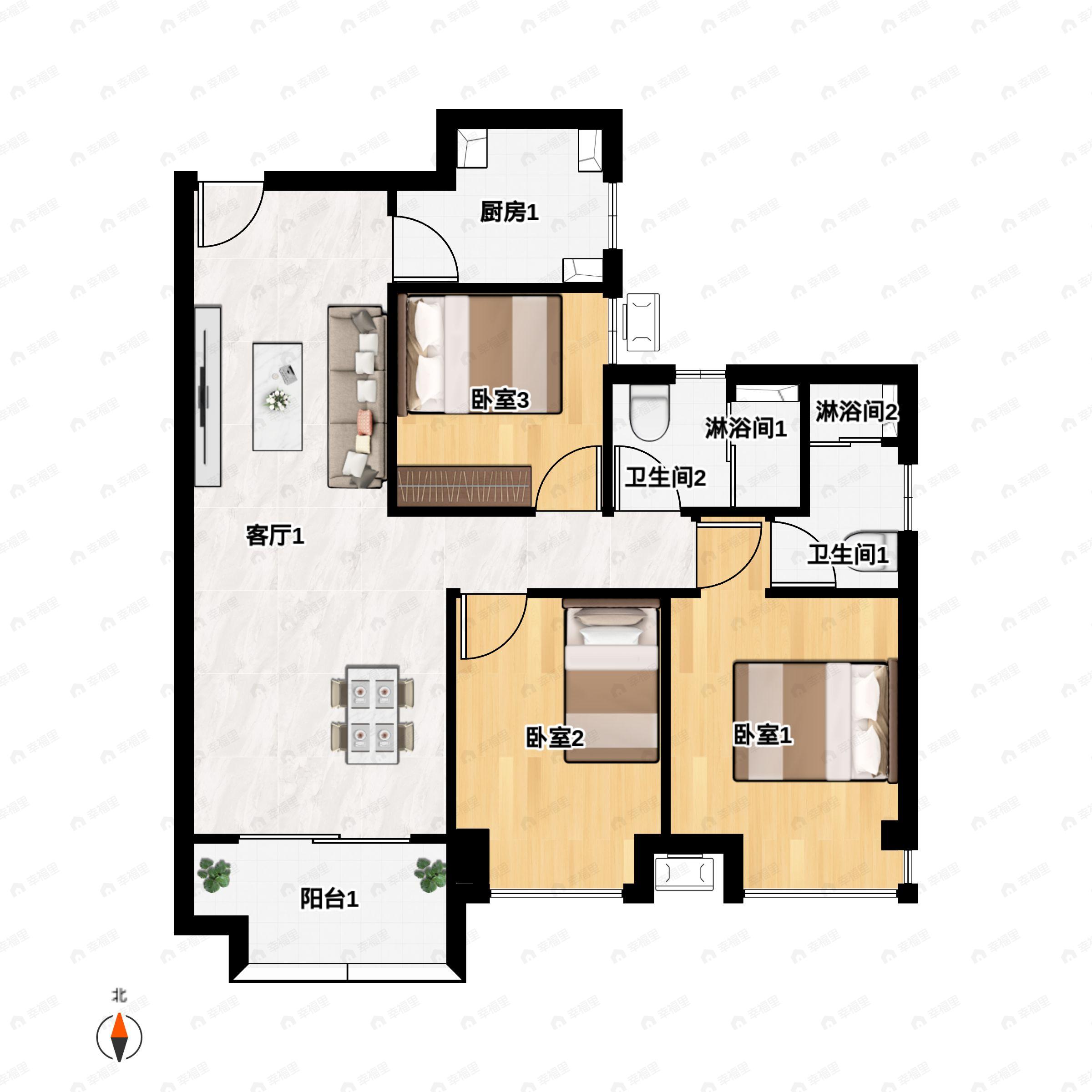 3室2厅2卫建面109平户型图