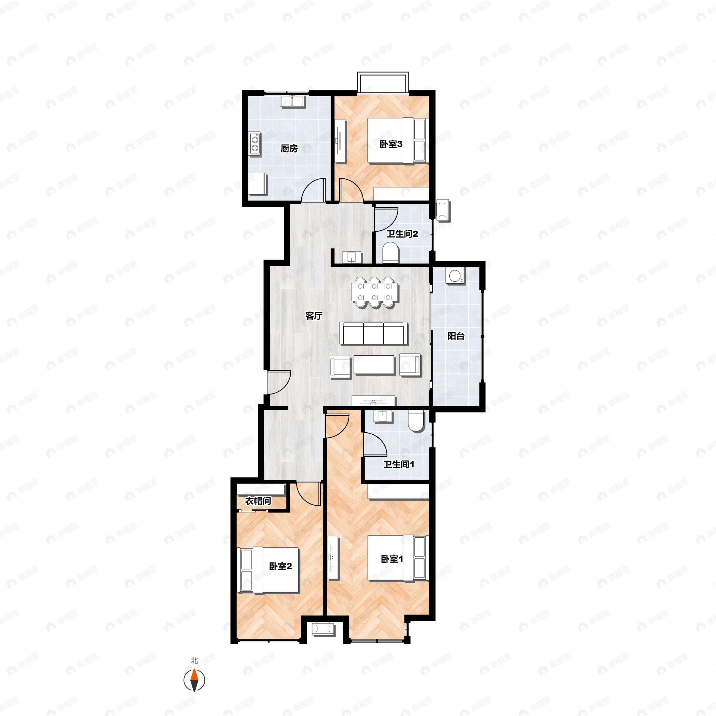 3室2厅2卫建面104平南户型图