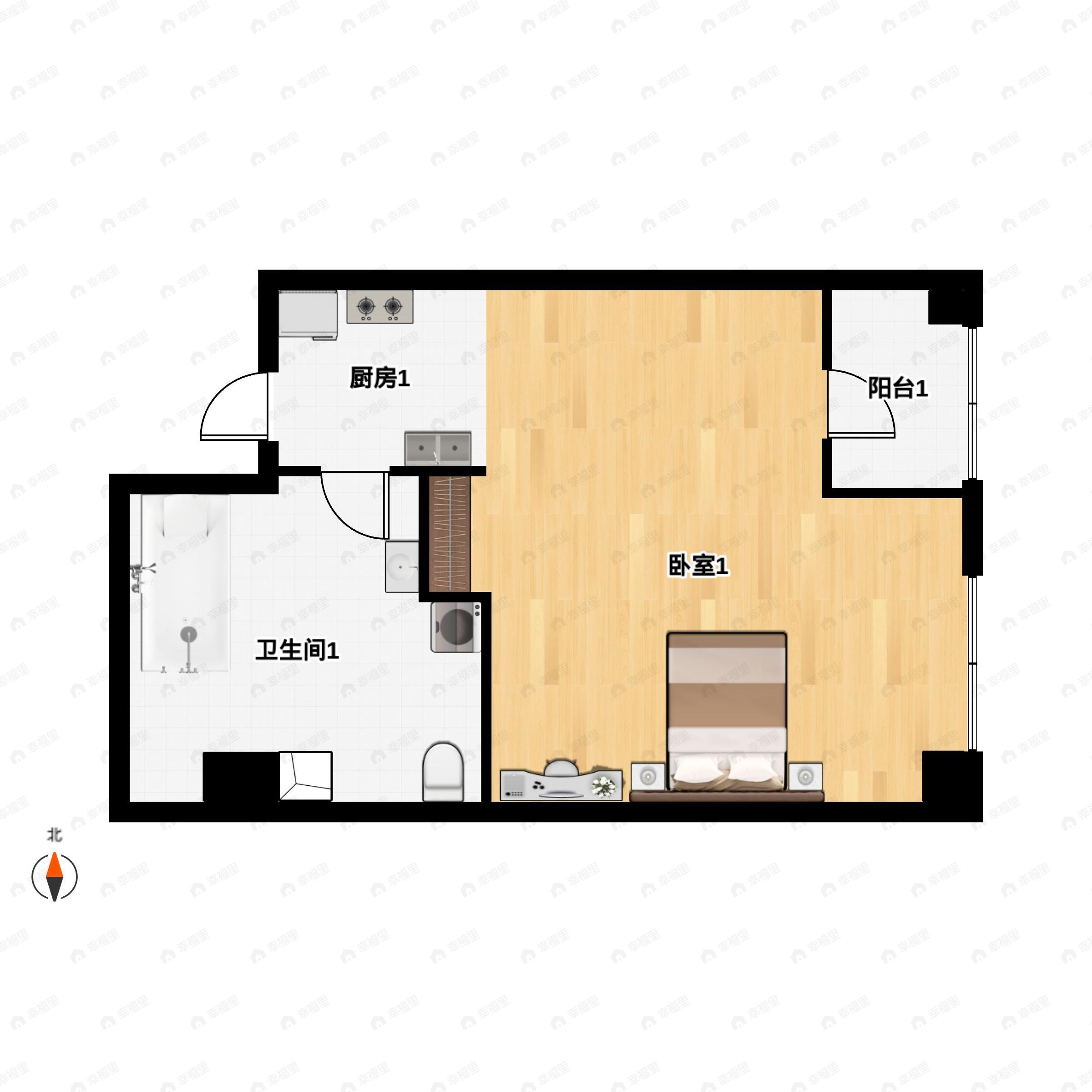 1室1厅1卫建面44平东户型图