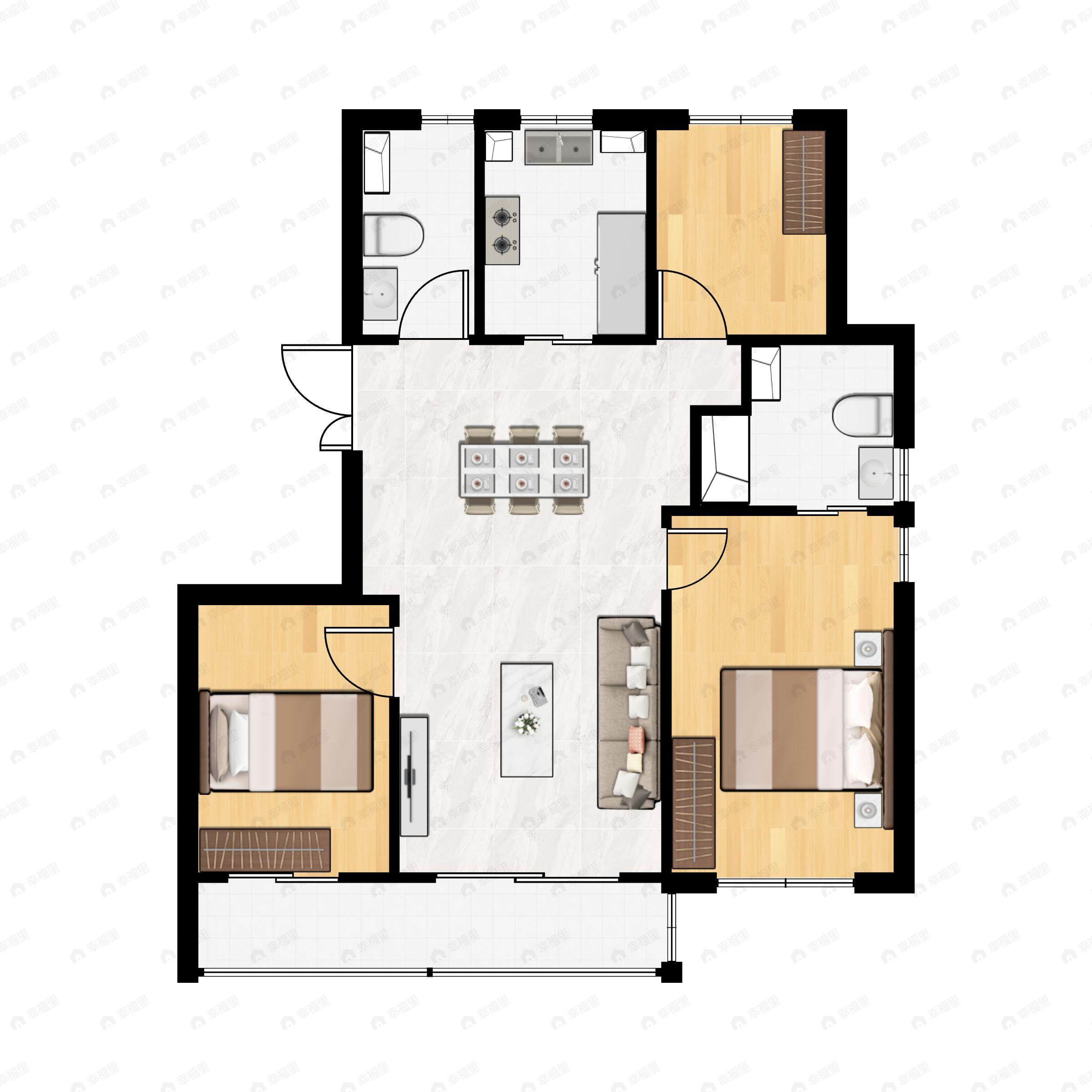 3室2厅2卫建面130m²南|北户型图