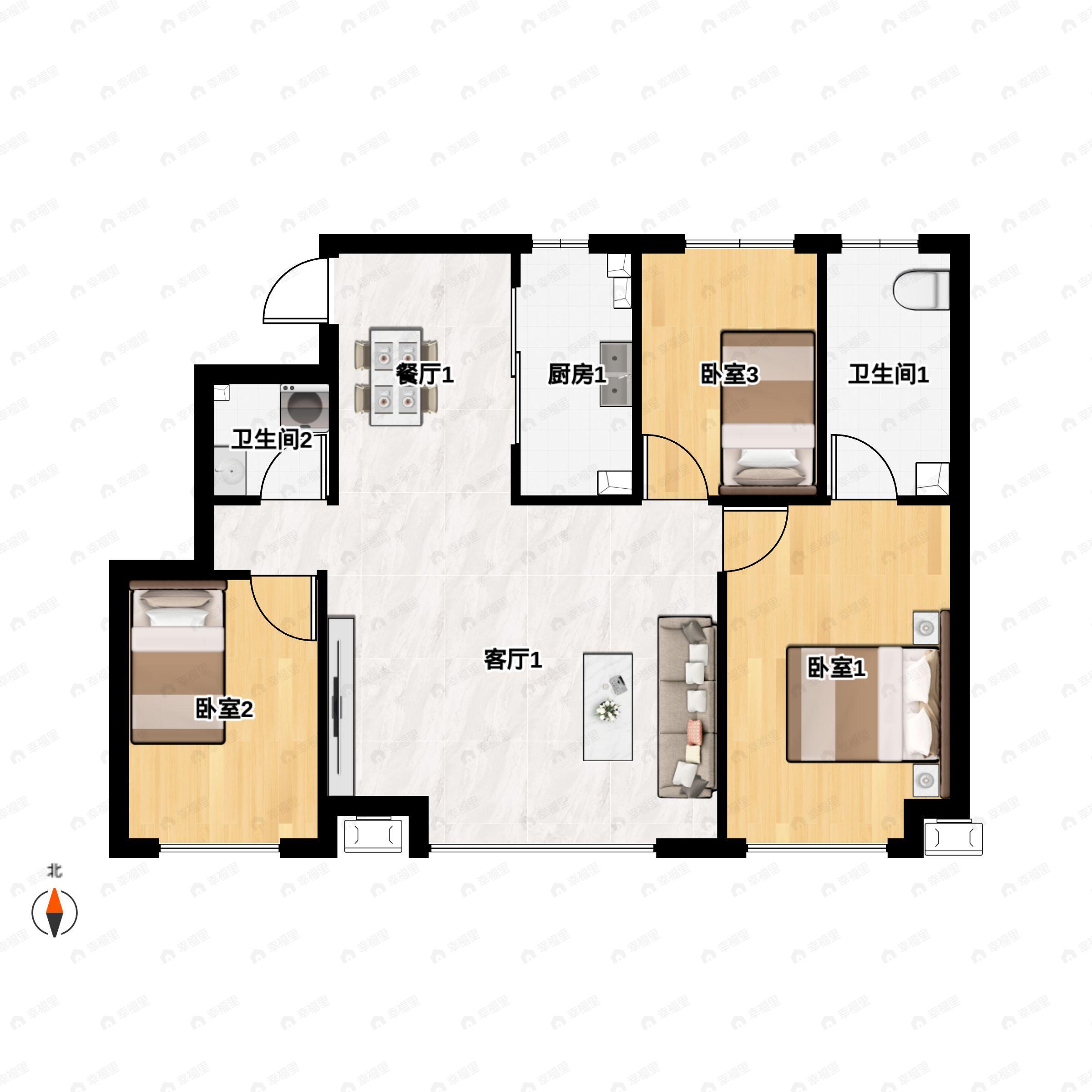 3室2厅2卫建面130平北|南户型图