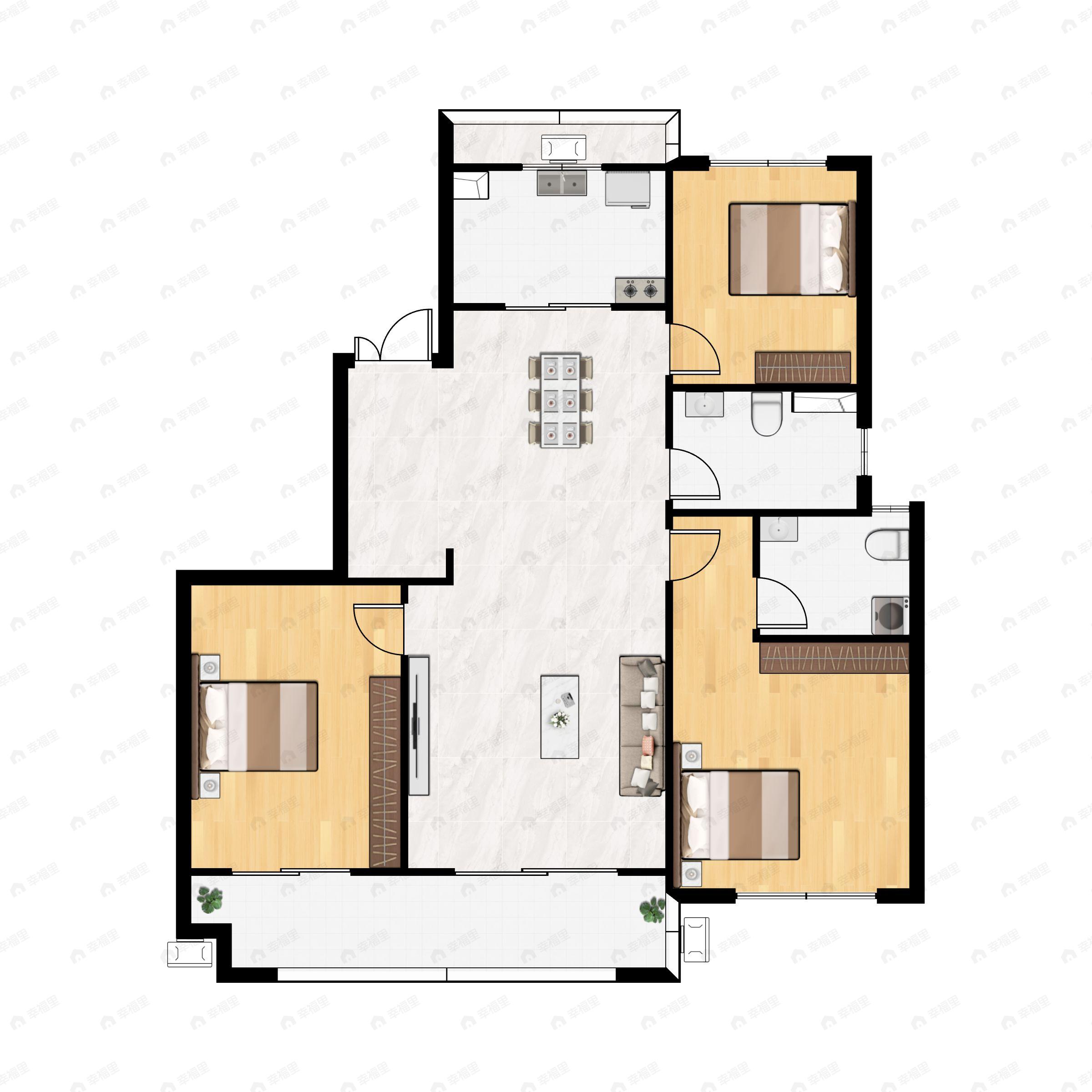 3室2厅2卫建面129m²南户型图