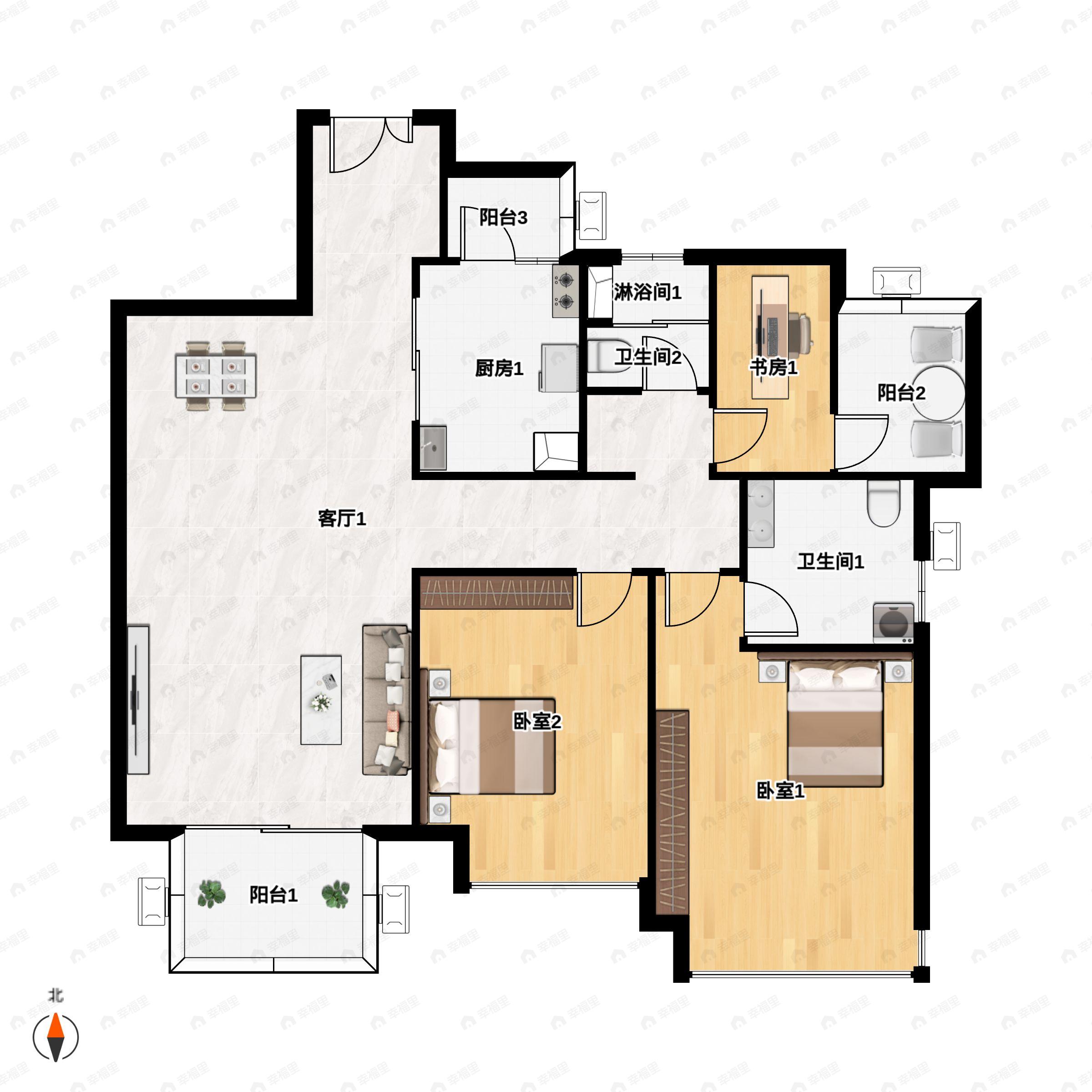 2室2厅2卫建面107m²东南户型图