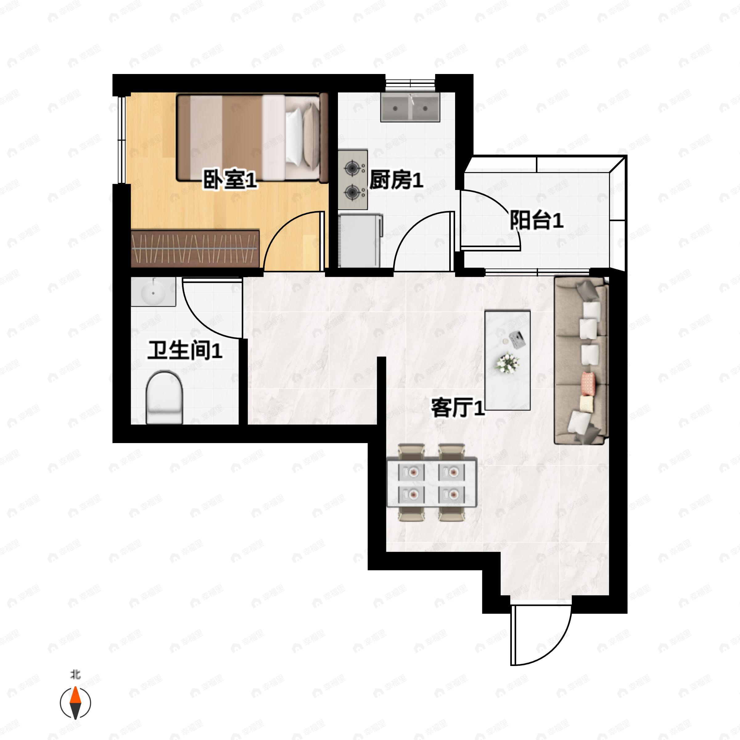 1室1厅1卫建面48平户型图