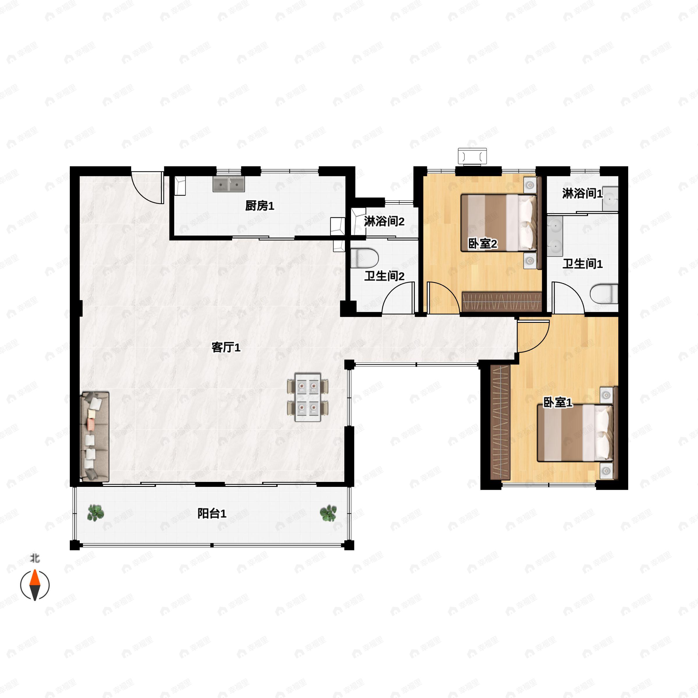2室2厅1卫建面114平户型图
