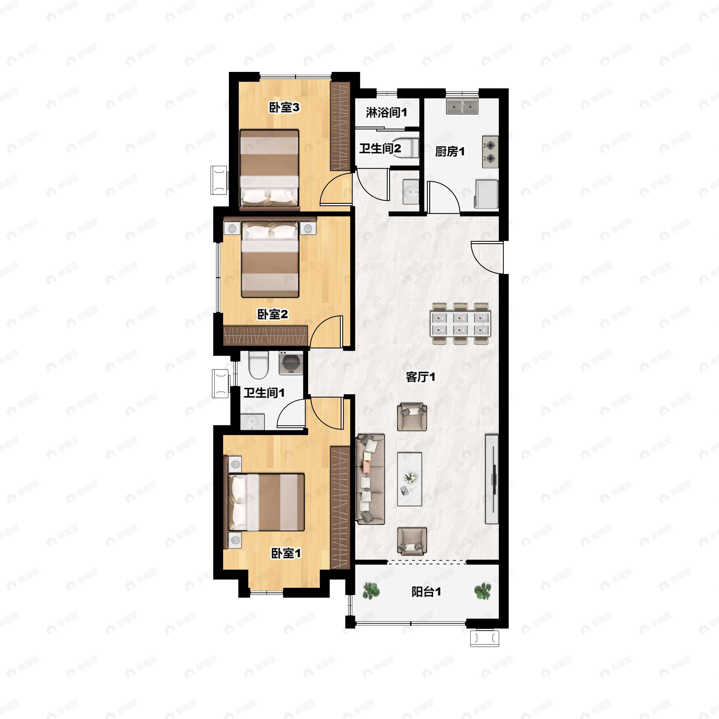 3室2厅2卫建面114m²南户型图
