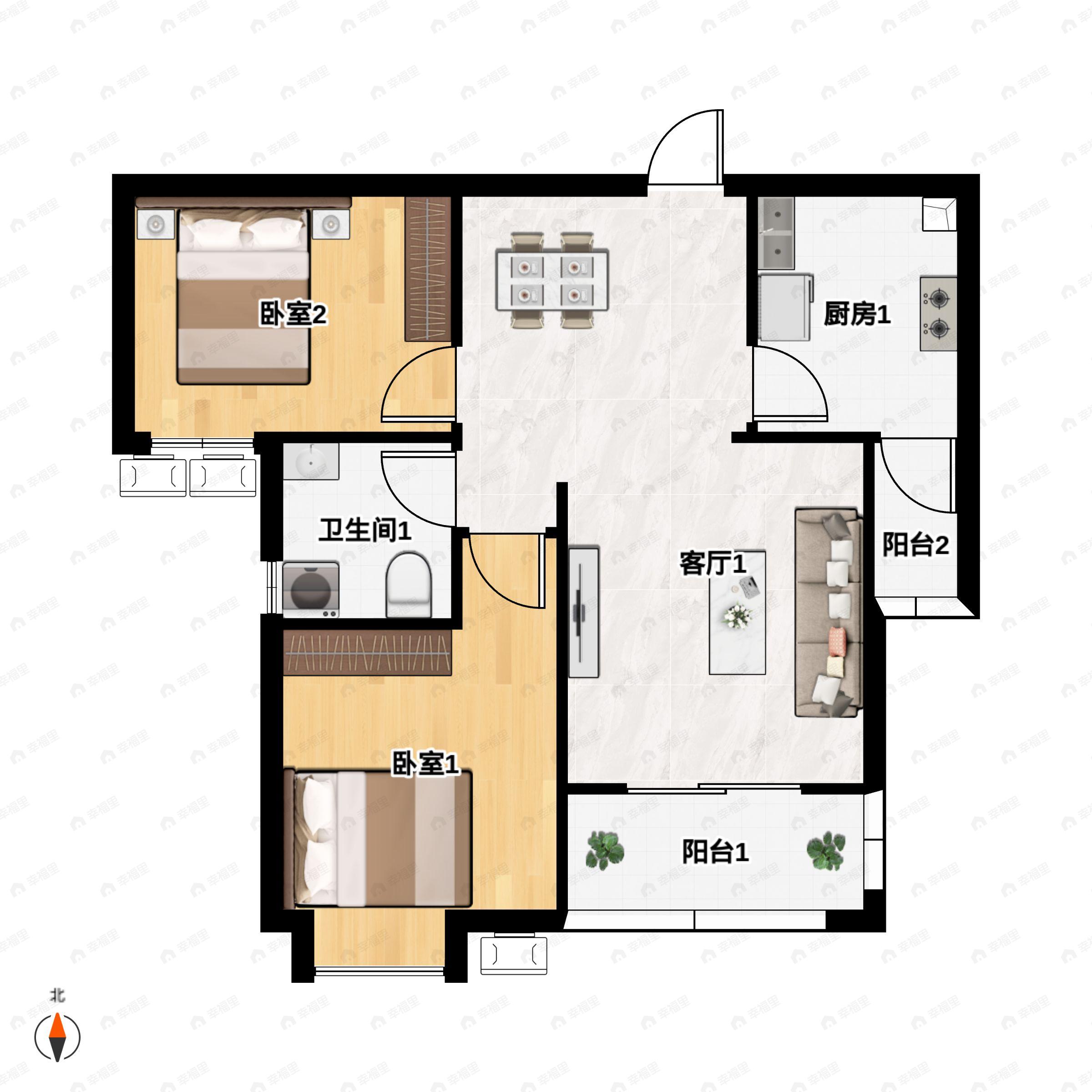 2室2厅1卫建面76m²户型图