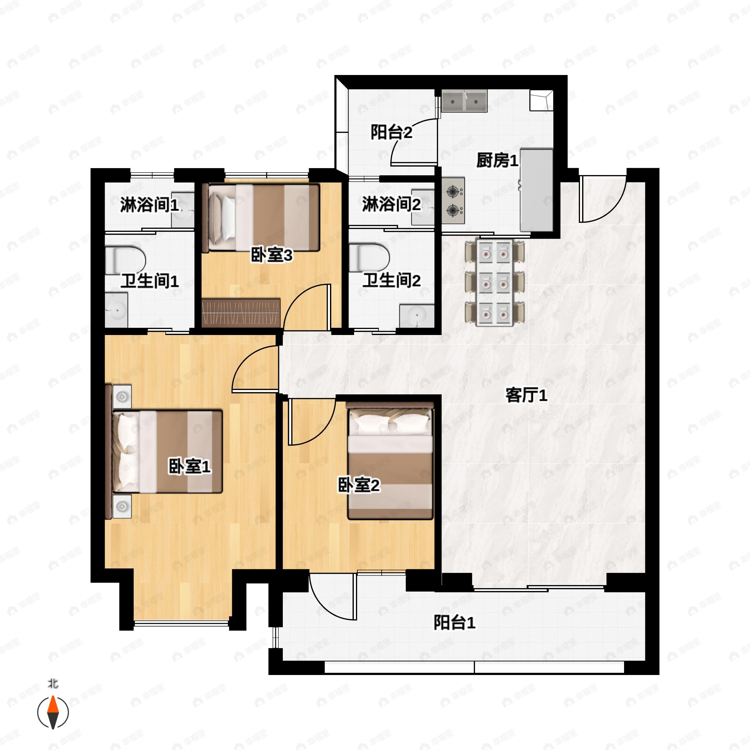 3室2厅2卫建面110m²南户型图