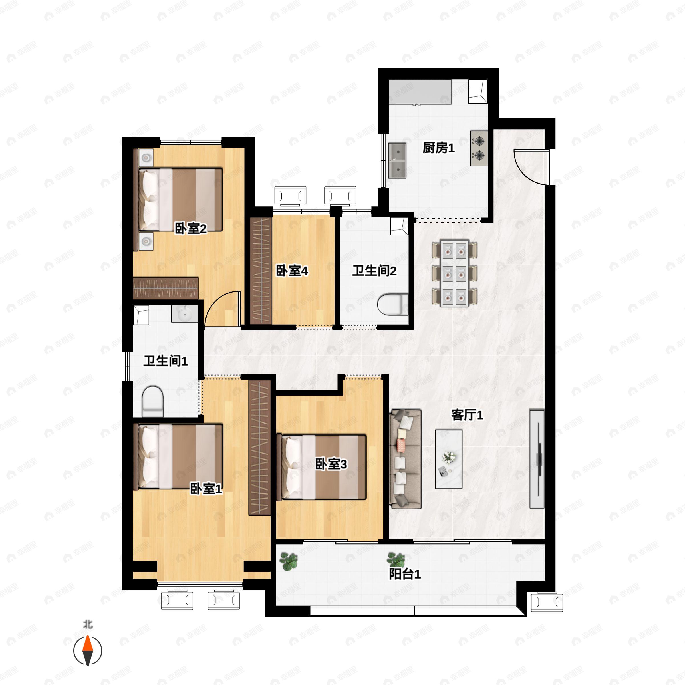 4室2厅2卫建面135平南户型图