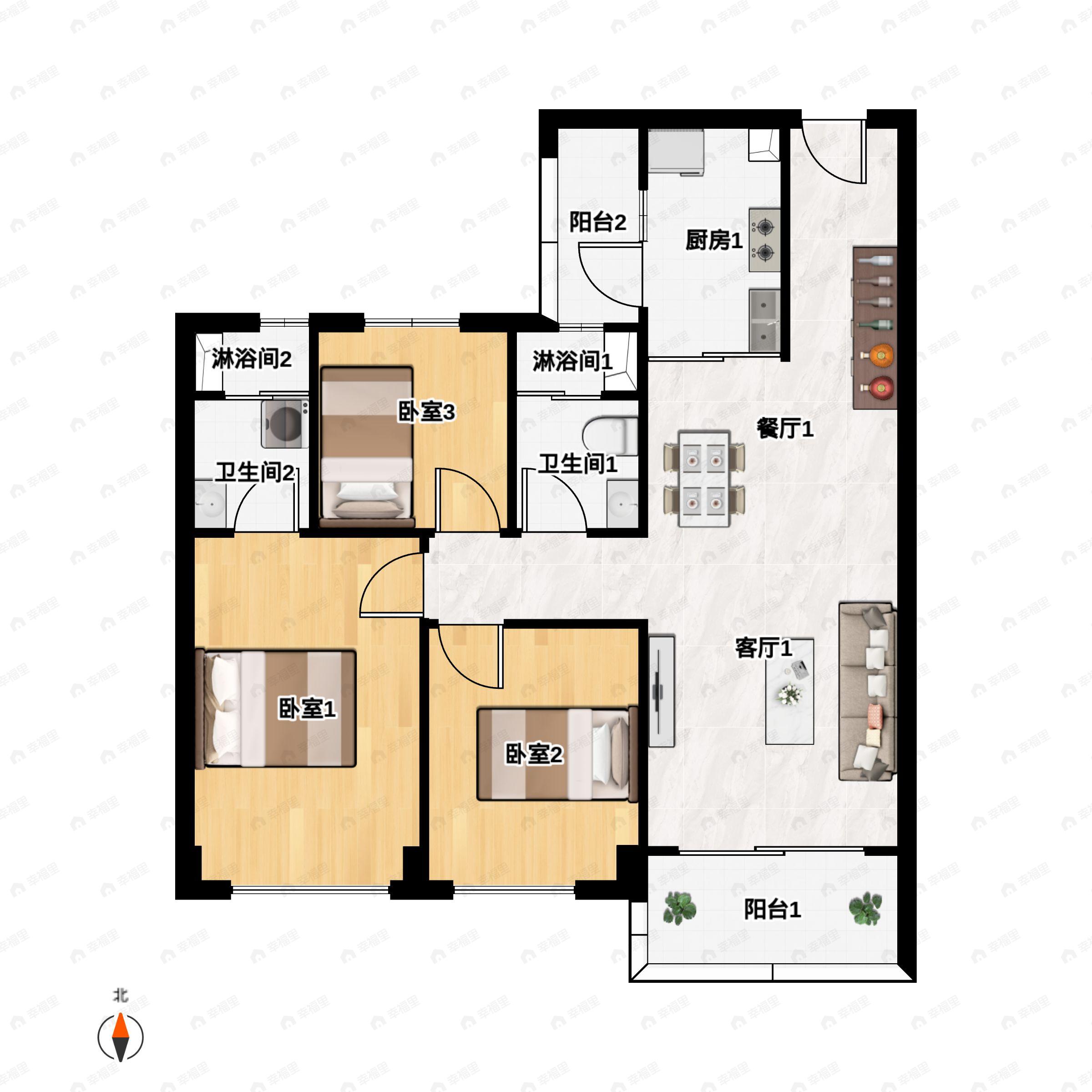 3室2厅2卫建面97m²南户型图