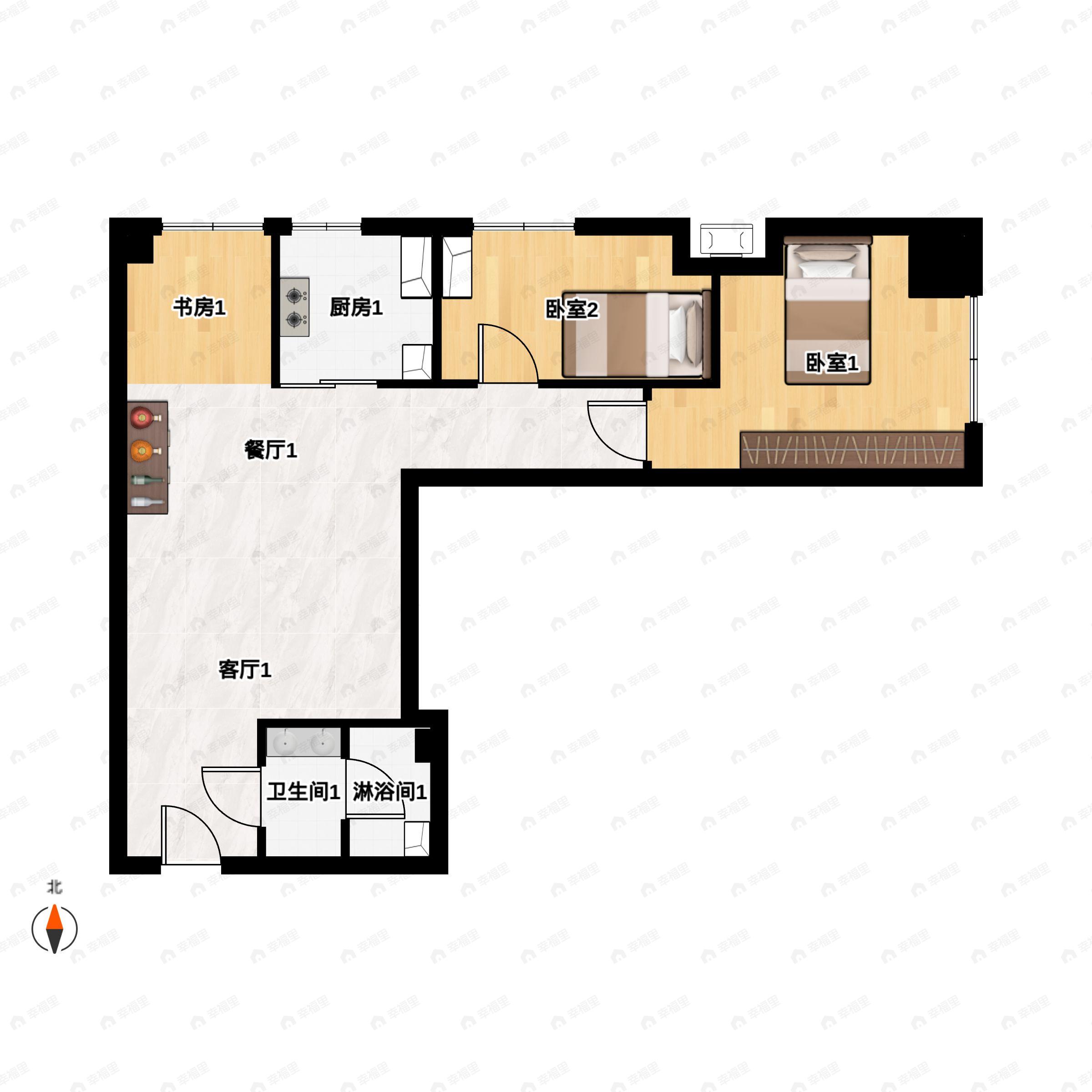 2室2厅1卫建面89平北户型图