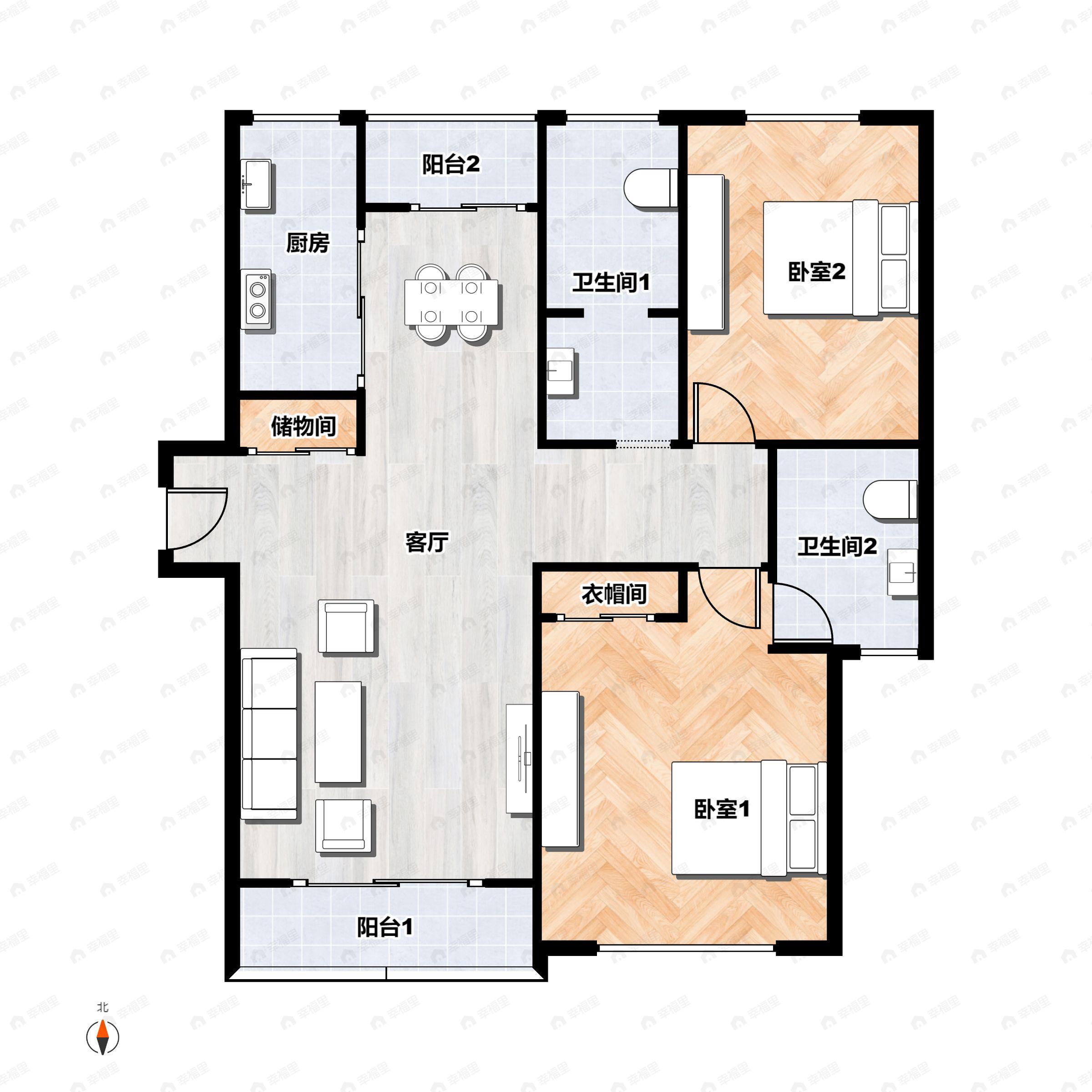 2室2厅2卫建面121平户型图