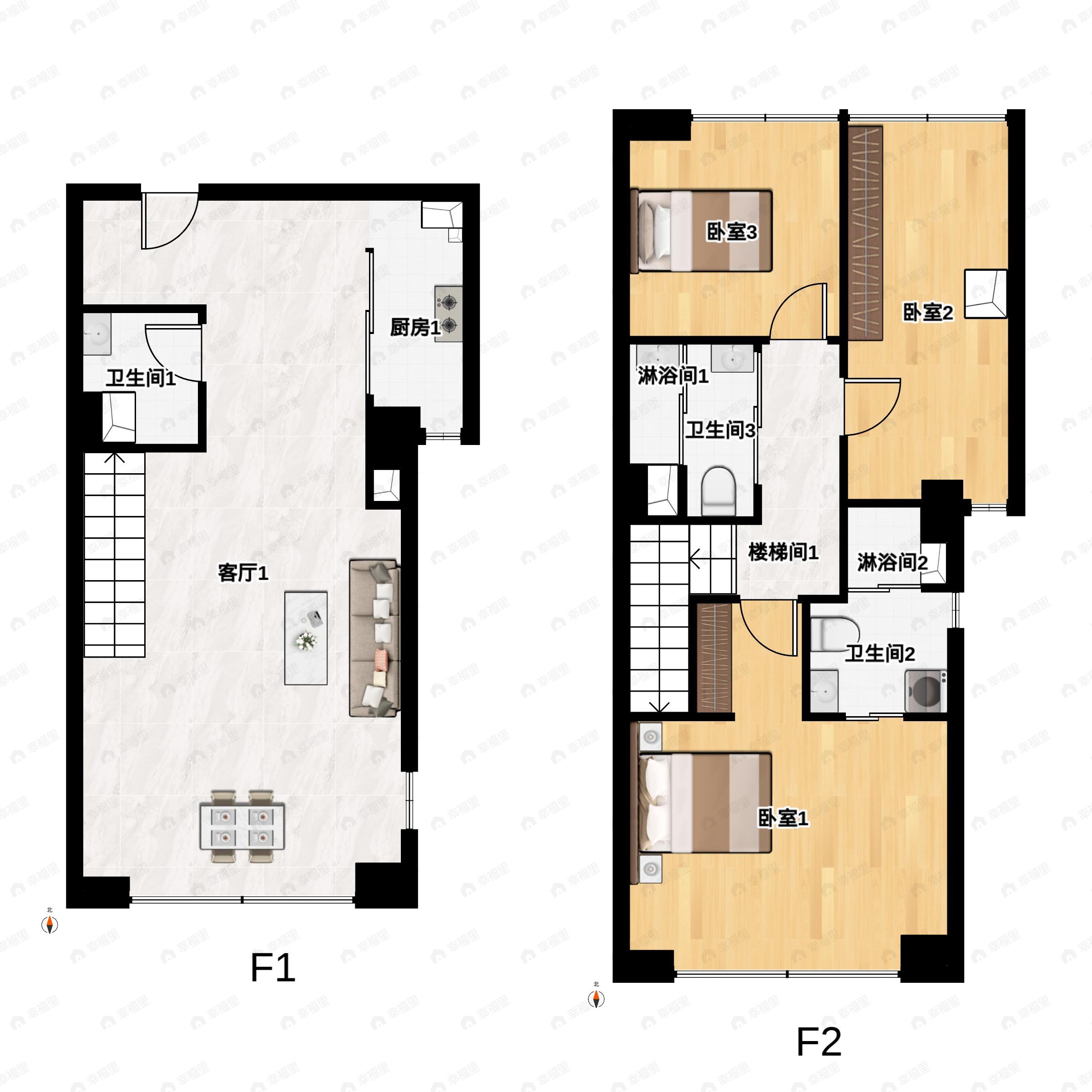 3室2厅3卫建面71平北|南户型图