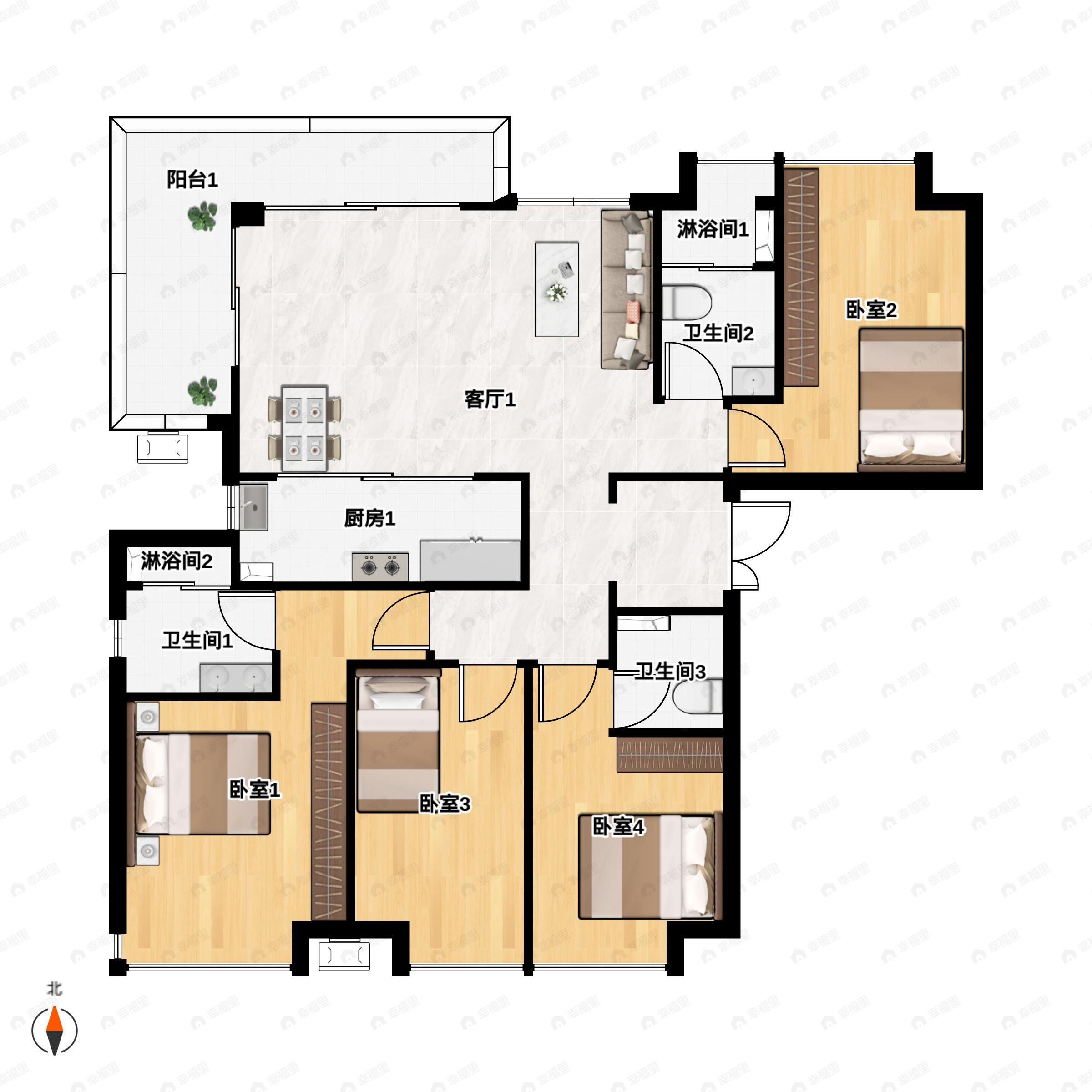 4室2厅3卫建面157平户型图