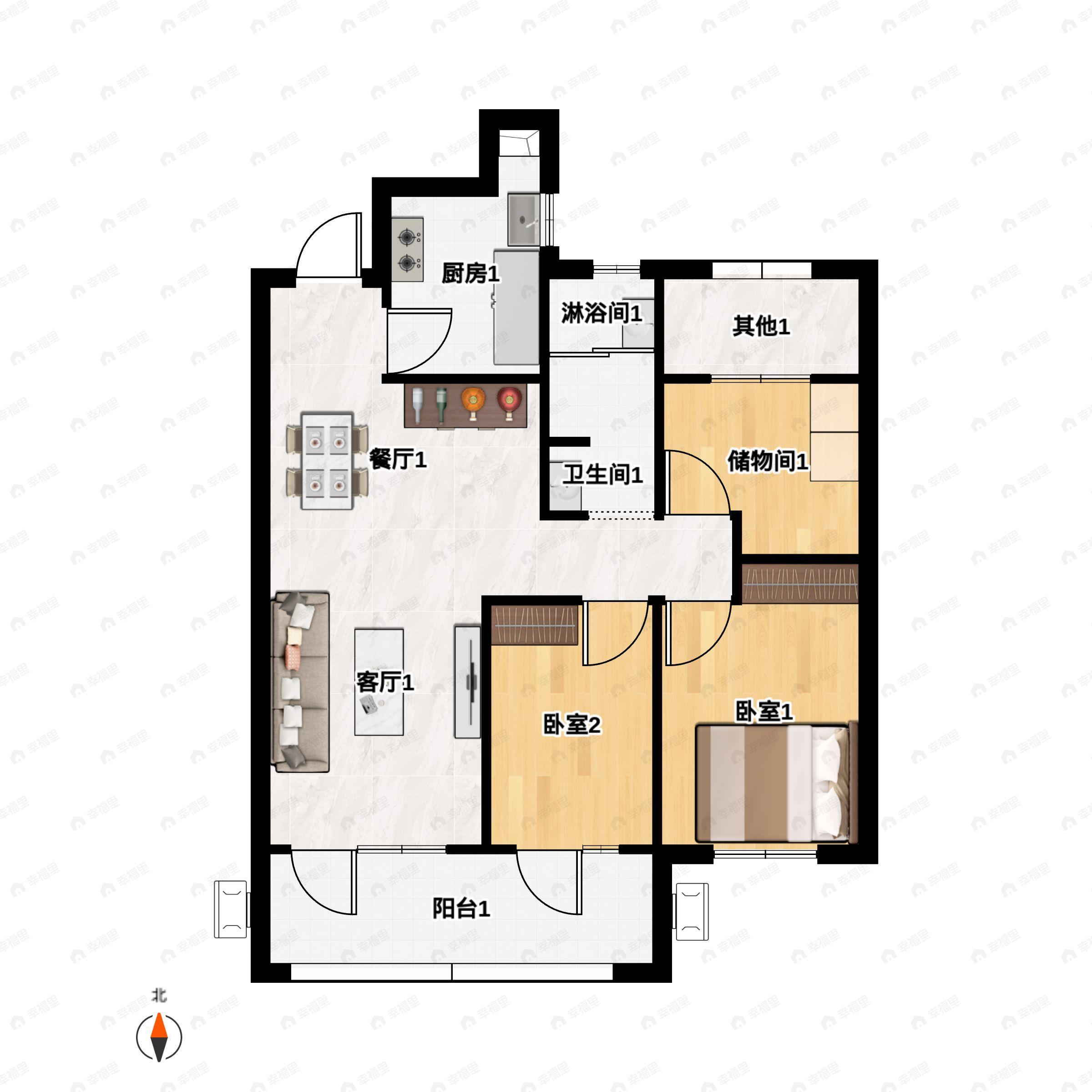 3室2厅1卫建面102m²北|南户型图