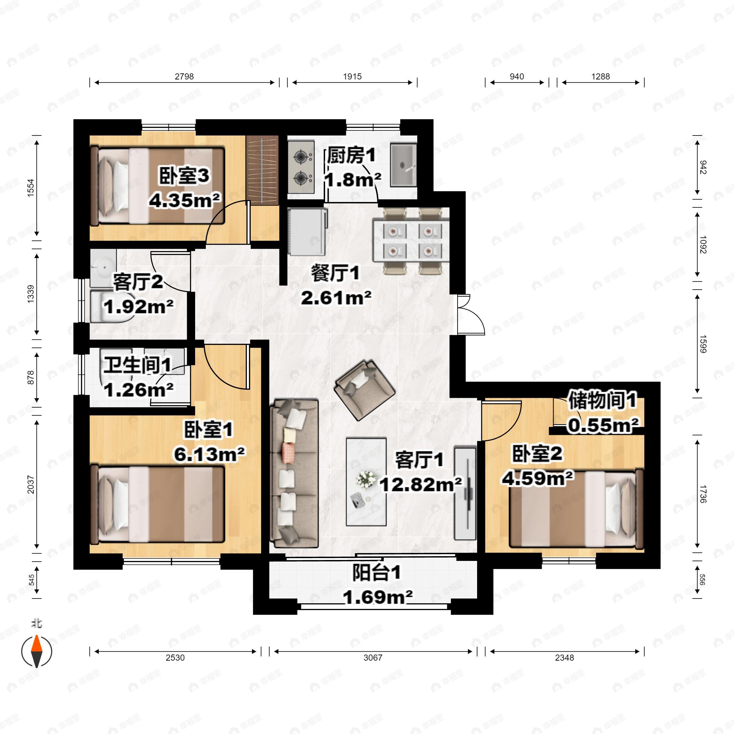 3室2厅2卫建面141平南|北户型图