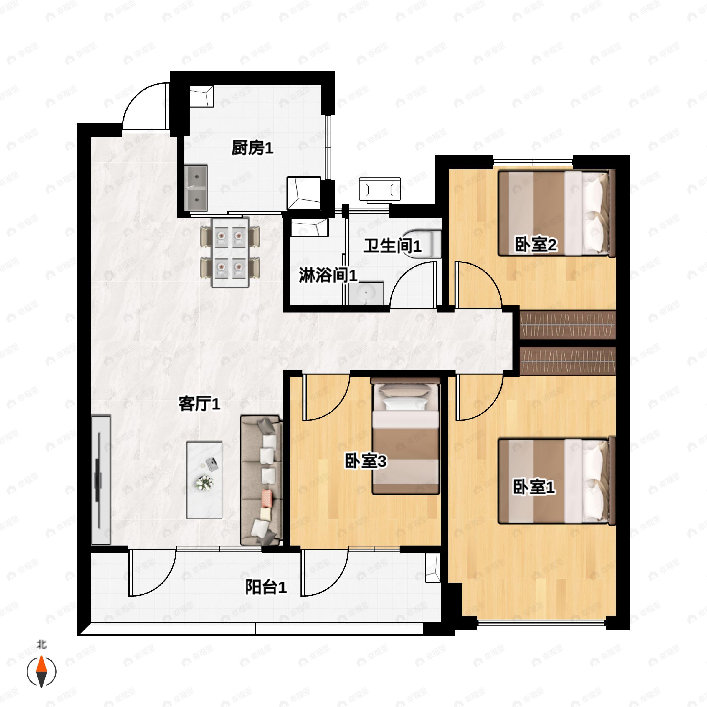 3室2厅1卫建面105平南户型图