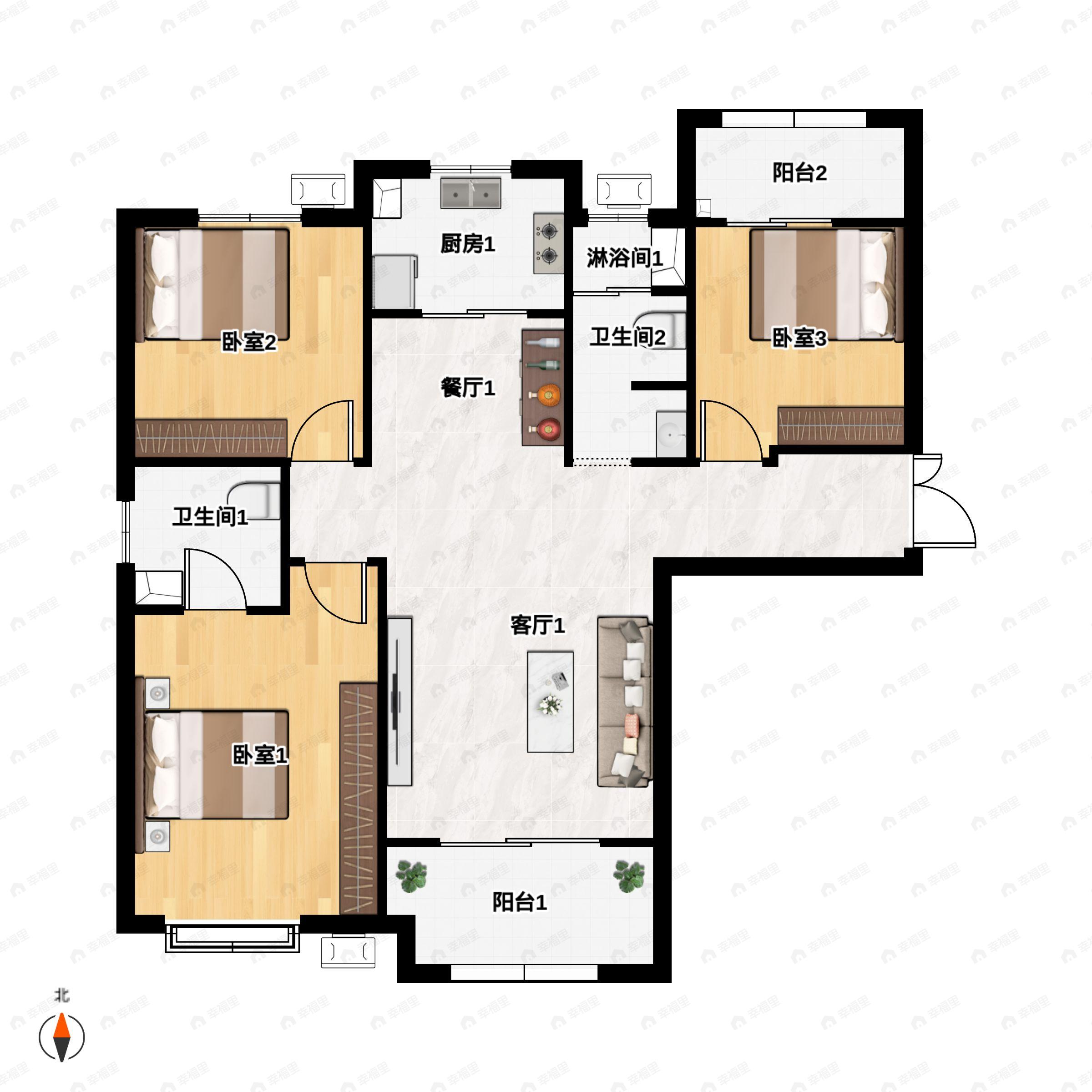 3室2厅2卫建面130m²南户型图