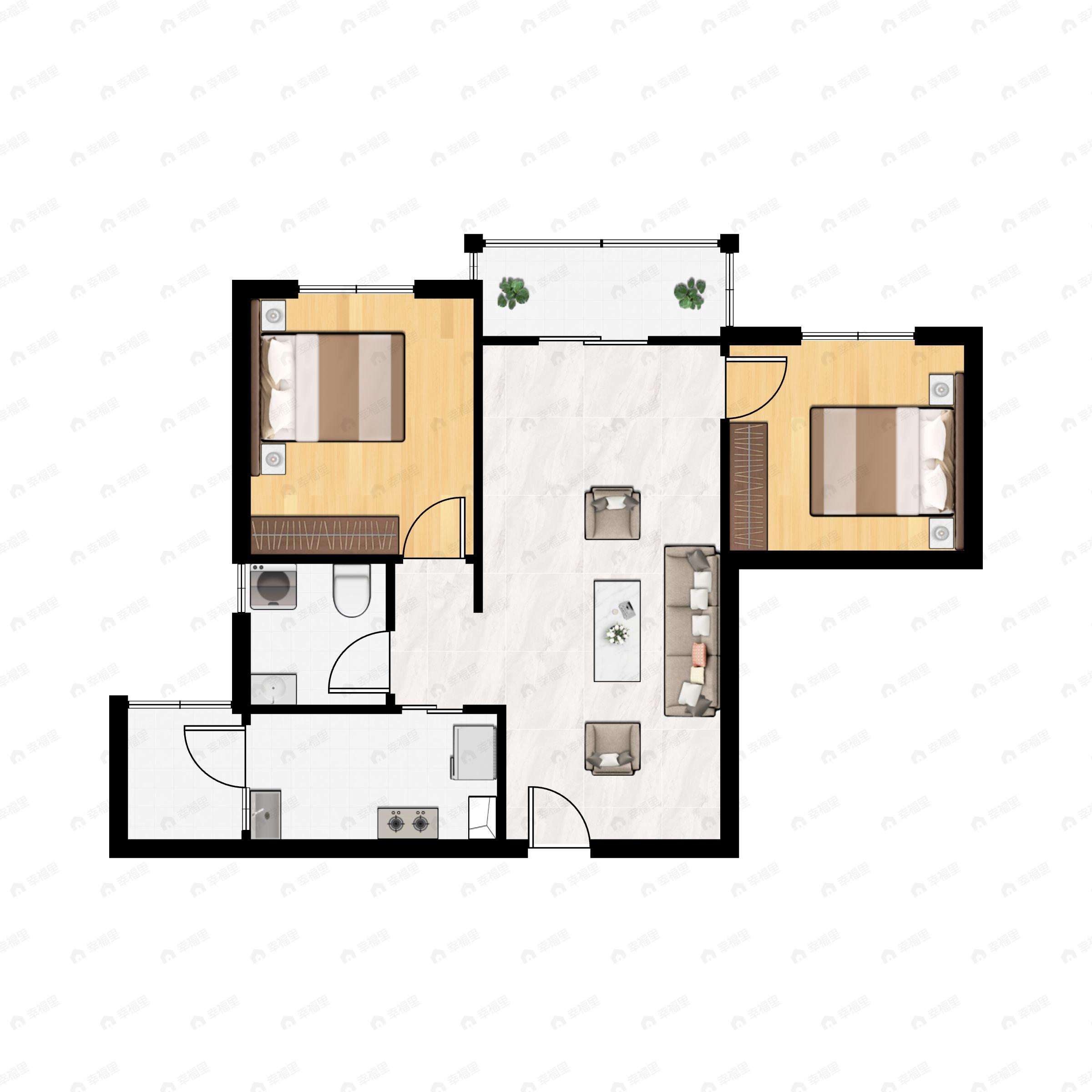 2室2厅1卫建面69m²南|北户型图