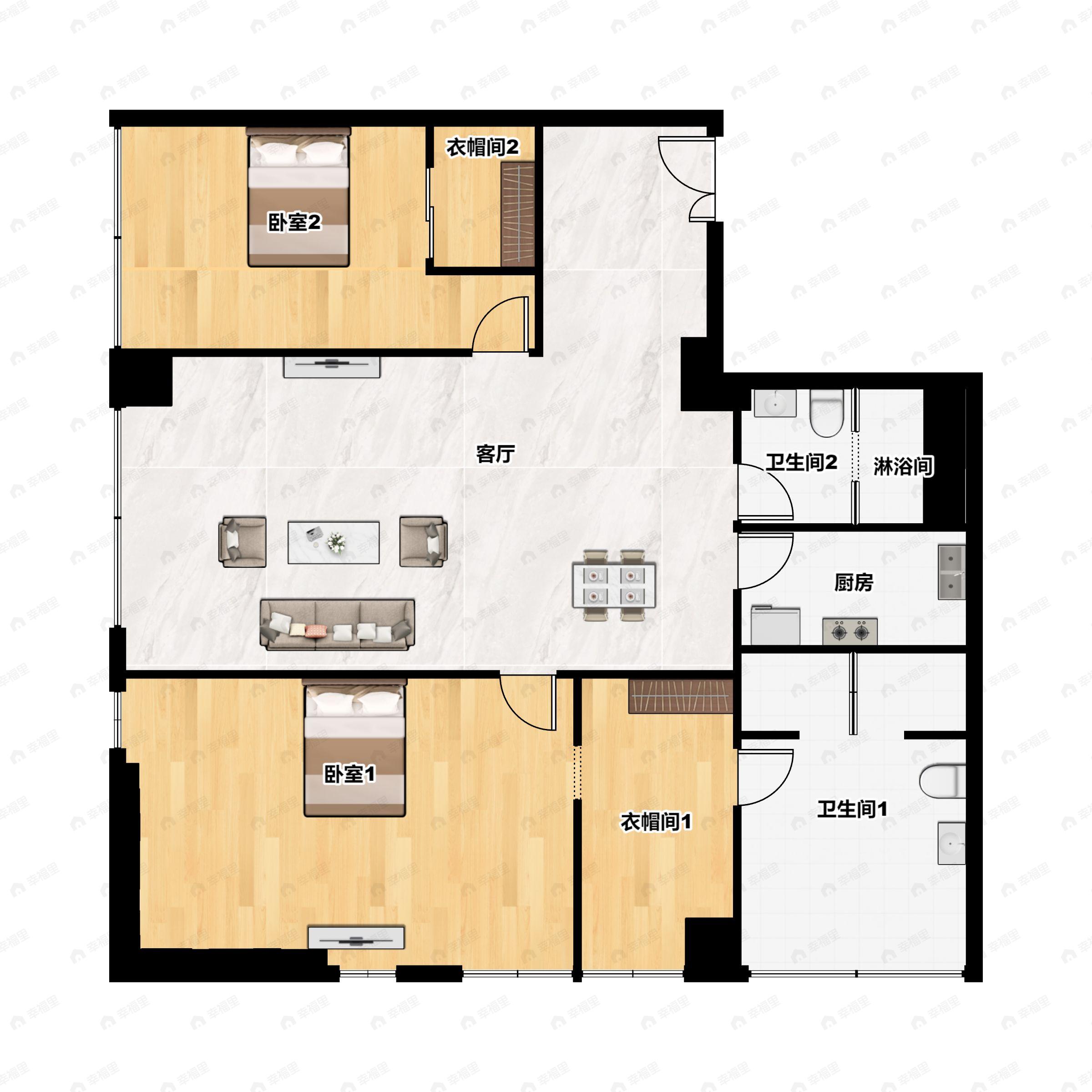 2室2厅2卫建面182平南户型图
