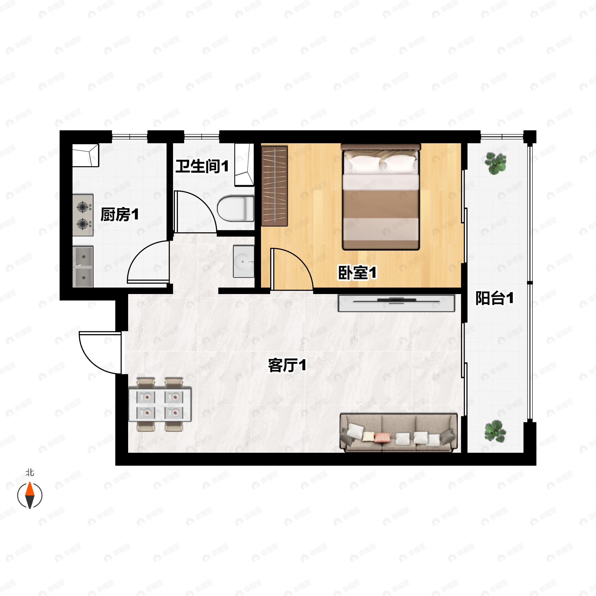 1室2厅1卫建面54m²南户型图