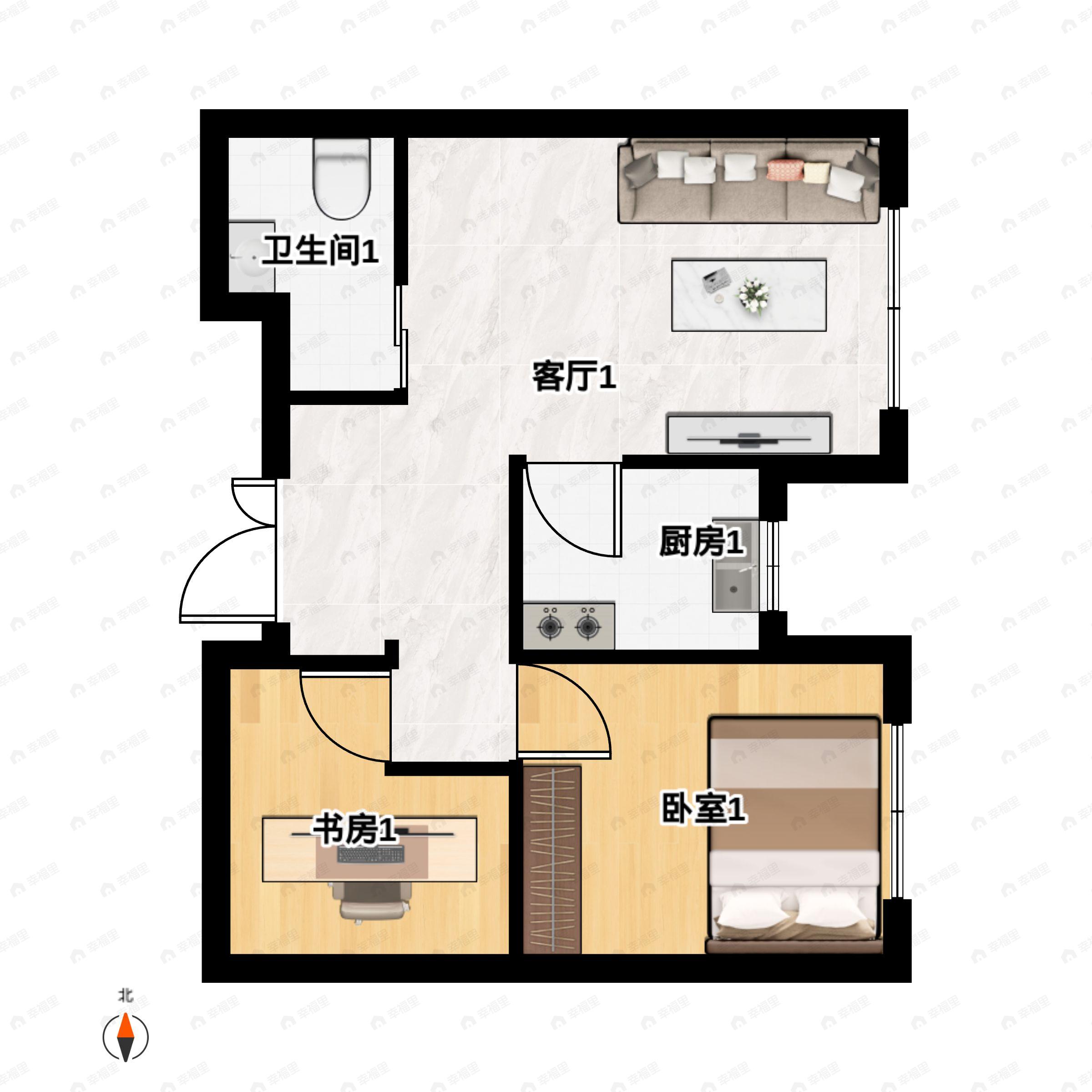 2室2厅1卫建面68平东南户型图