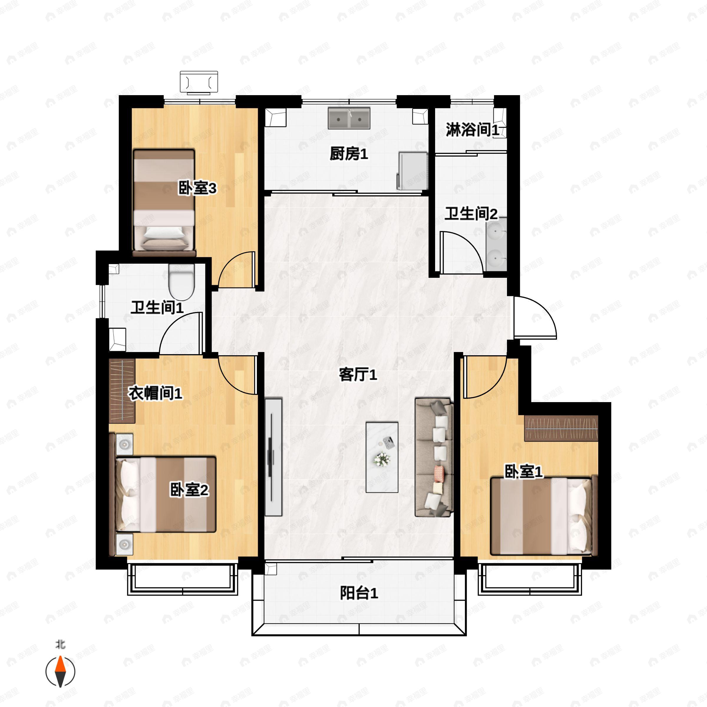 3室2厅2卫建面122平户型图