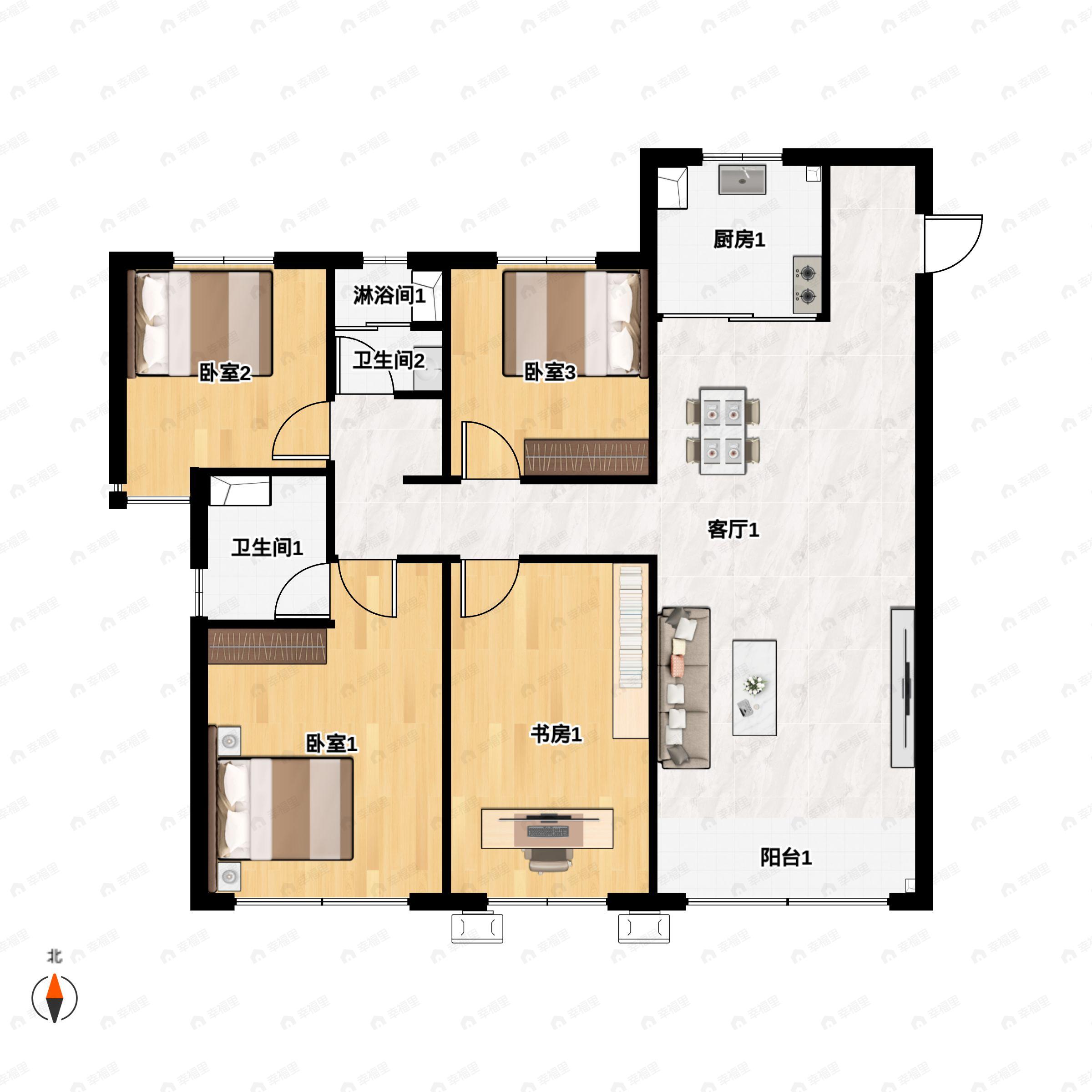 4室2厅2卫建面136平南|北户型图