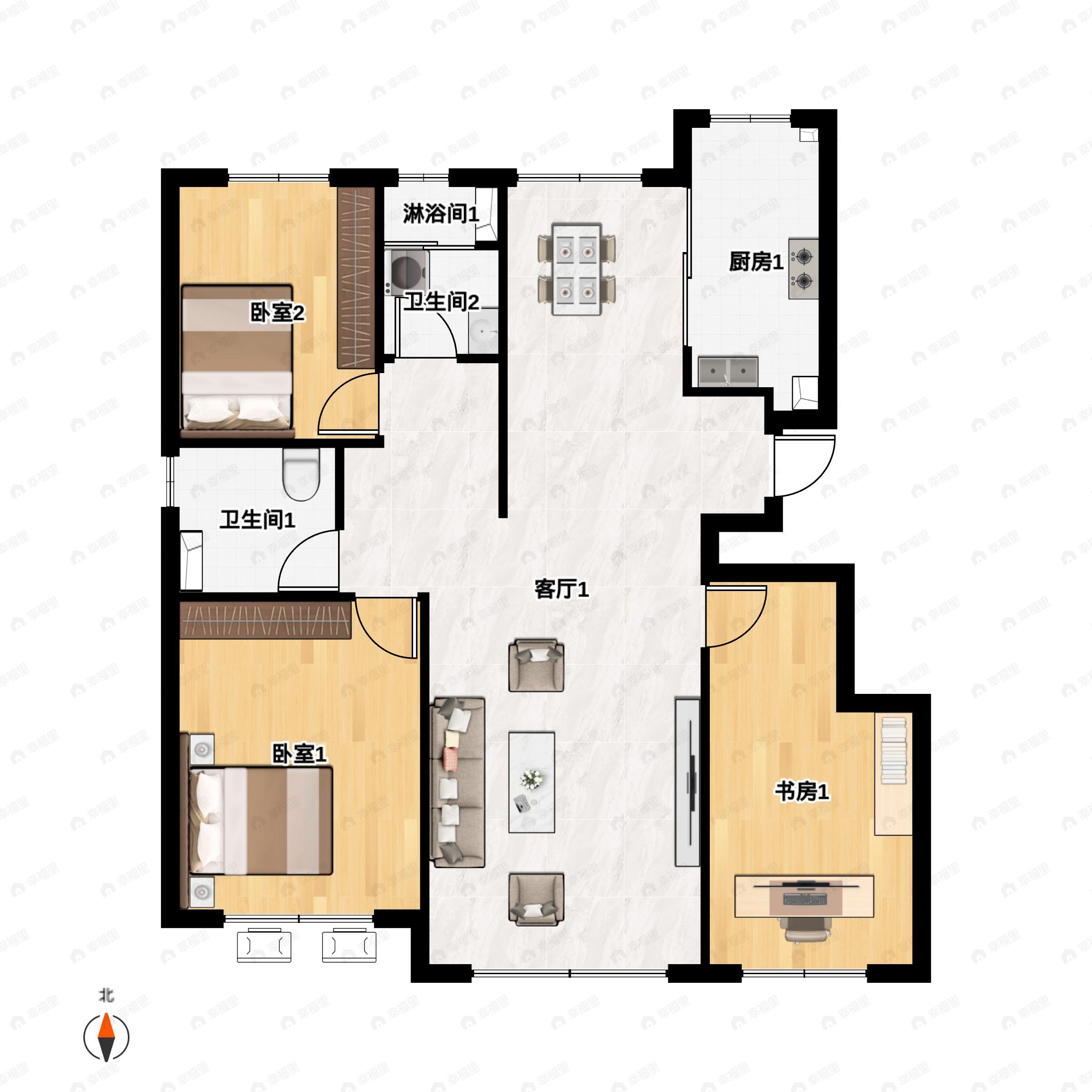 3室2厅2卫建面118平南户型图